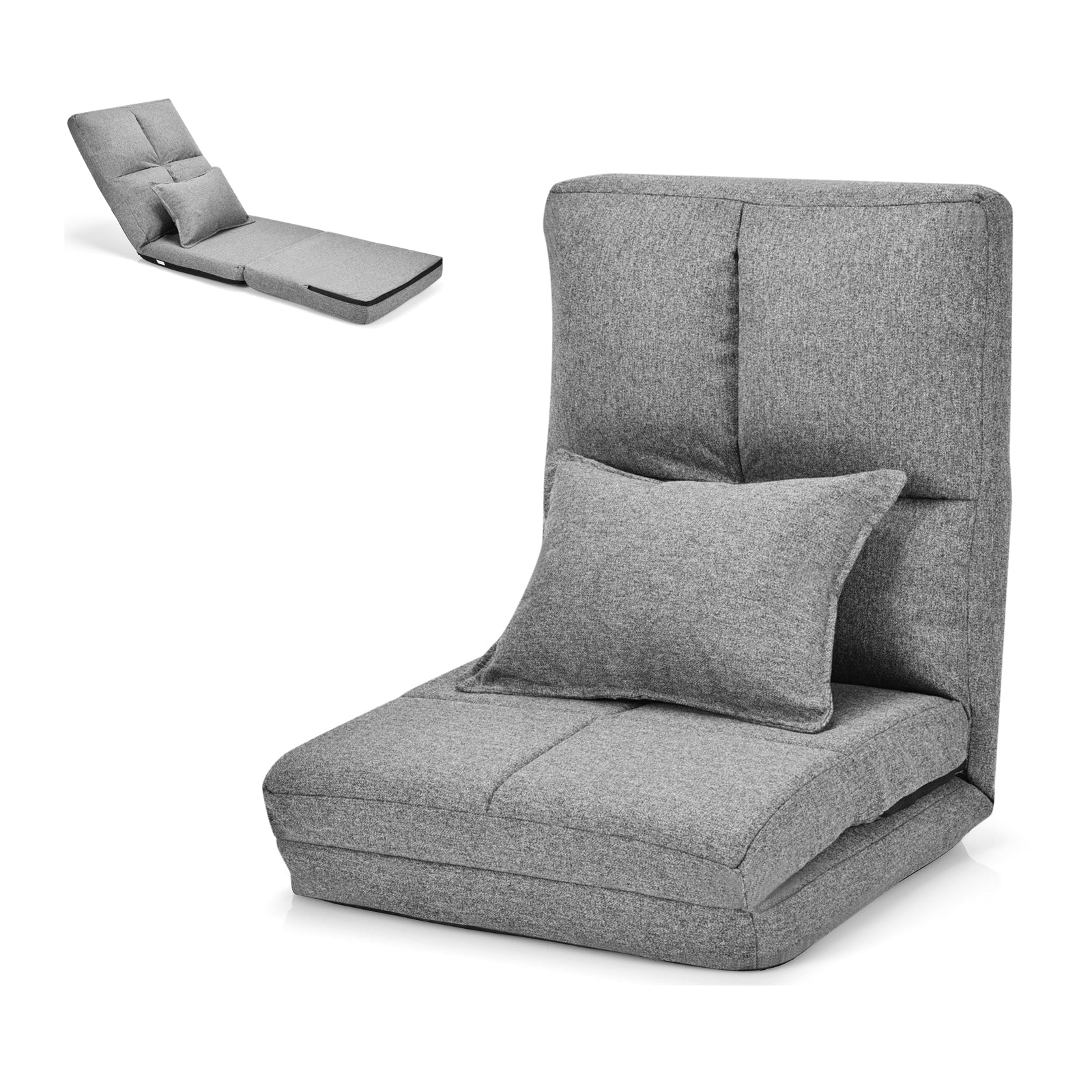 Sofá de Chão Reclinável Dobrável Regulável em 6 Posições com Almofada Macia Cinzenta 176 x 64 x 15 cm