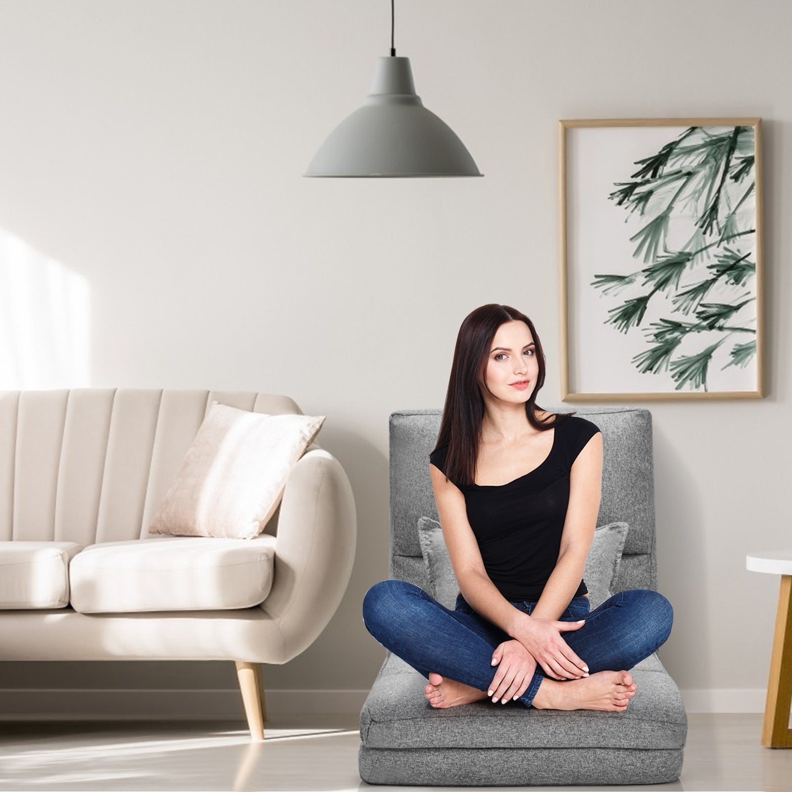 Sofá de Chão Reclinável Dobrável Regulável em 6 Posições com Almofada Macia Cinzenta 176 x 64 x 15 cm