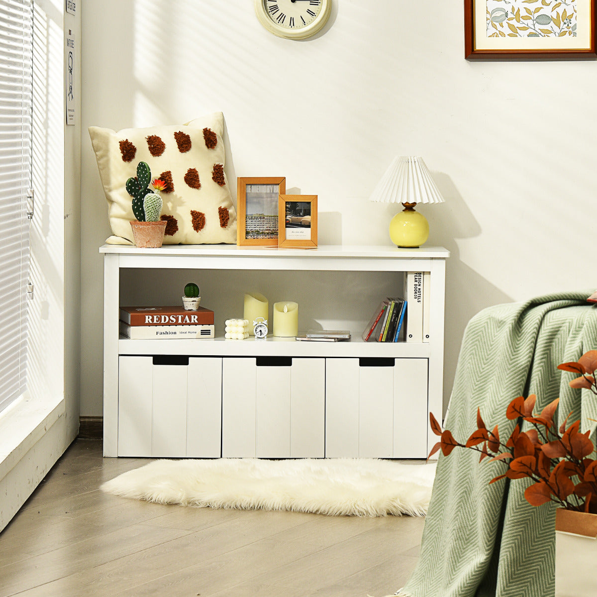 Armário com 3 Gavetas Estante de Madeira com Rodas e Cubos para Brinquedos de Criança Organizador para Sala Quarto Branco 101 x 33 x 62 cm