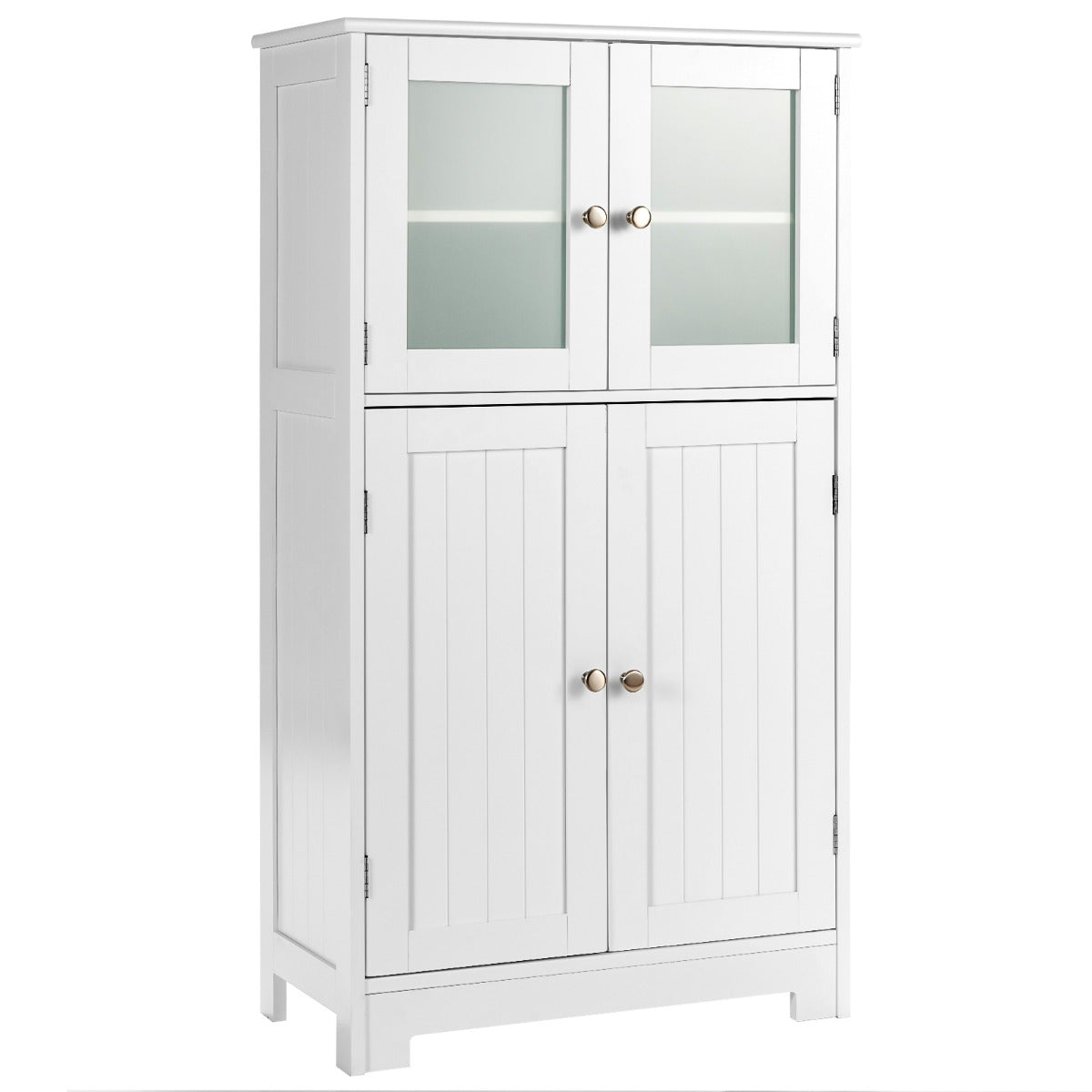 Armário de Casa de Banho Organizador Multiuso Antivuelco com 4 Portas de Vidro Prateleiras Reguláveis para Sala Cozinha Corredor Branco 58 x 30 x 109 cm