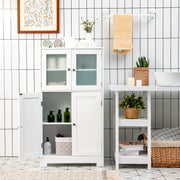 Armário de Casa de Banho Organizador Multiuso Antivuelco com 4 Portas de Vidro Prateleiras Reguláveis para Sala Cozinha Corredor Branco 58 x 30 x 109 cm