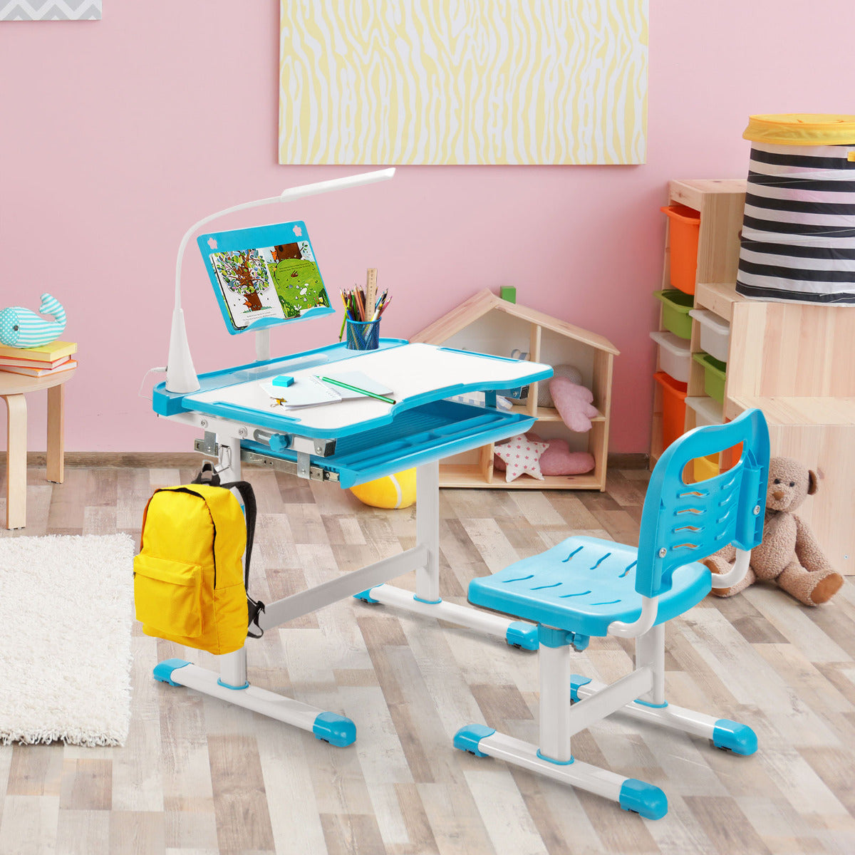 Conjunto de Secretária e Cadeira para Crianças – 70,5 x 38 cm – Azul – MDF e Ferro