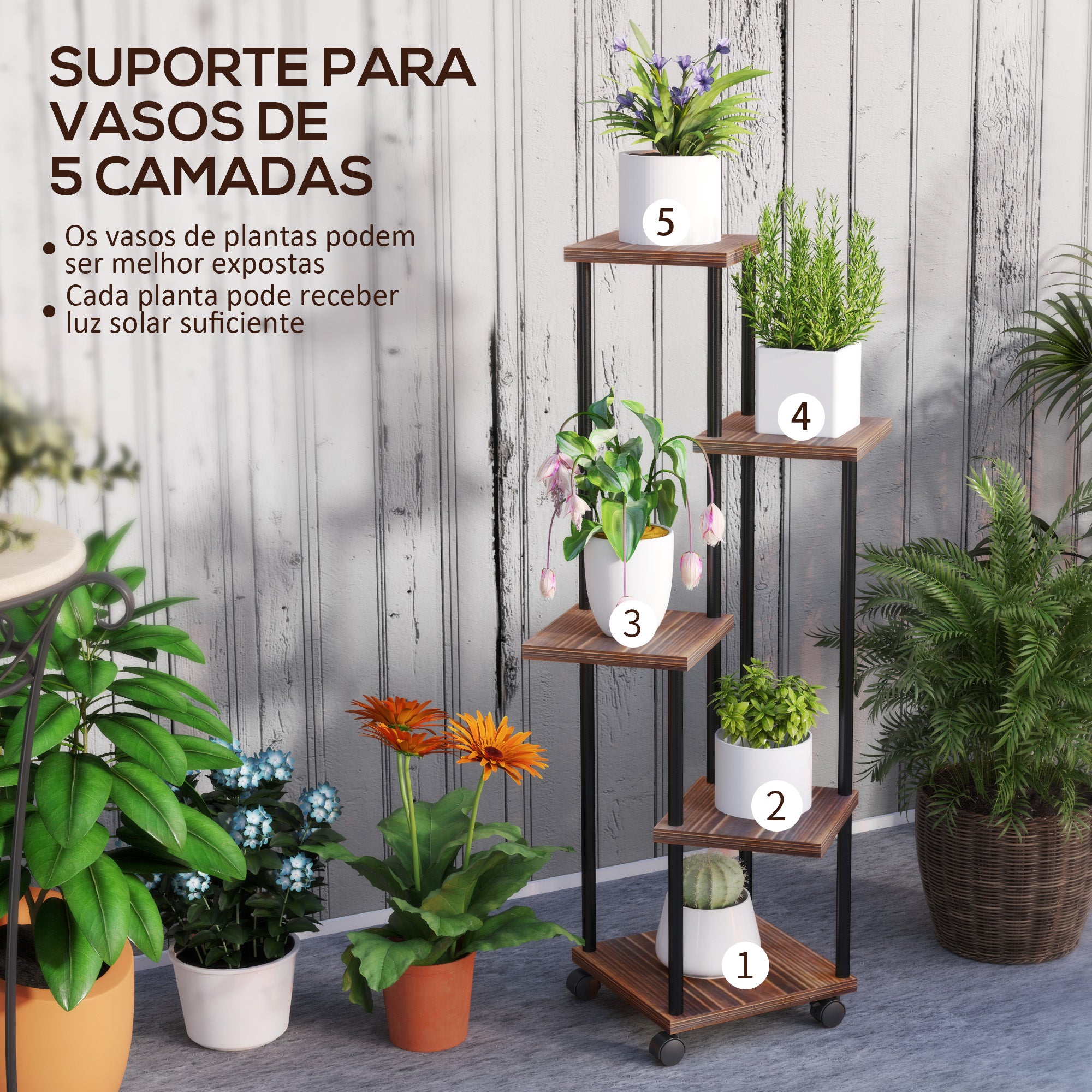 Suporte para Plantas – 59x59x110 cm – Cor Madeira – Madeira e Aço
