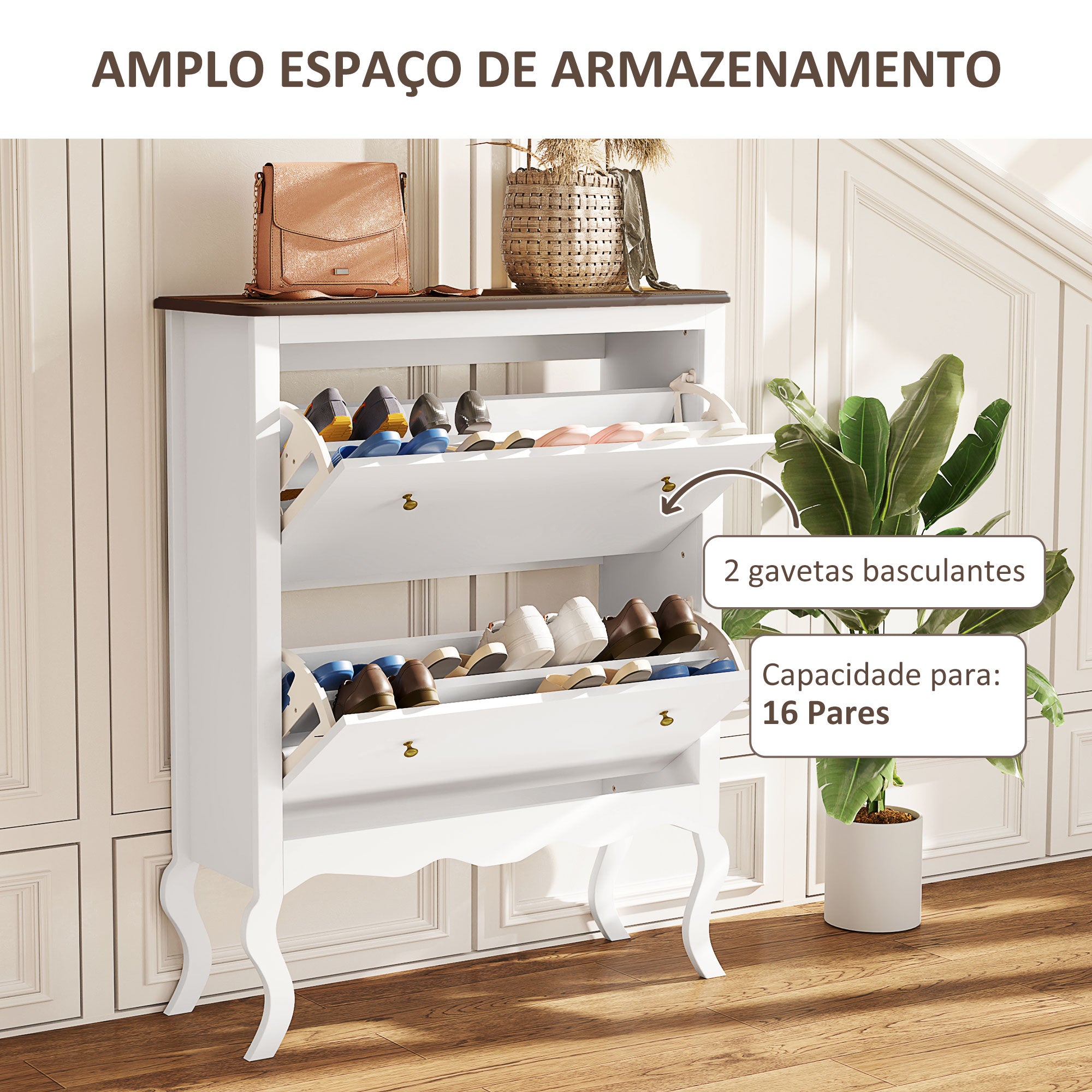 Sapateira Estilo Francês Branco 84x29x109 cm - Armazena até 16 Pares de Sapato