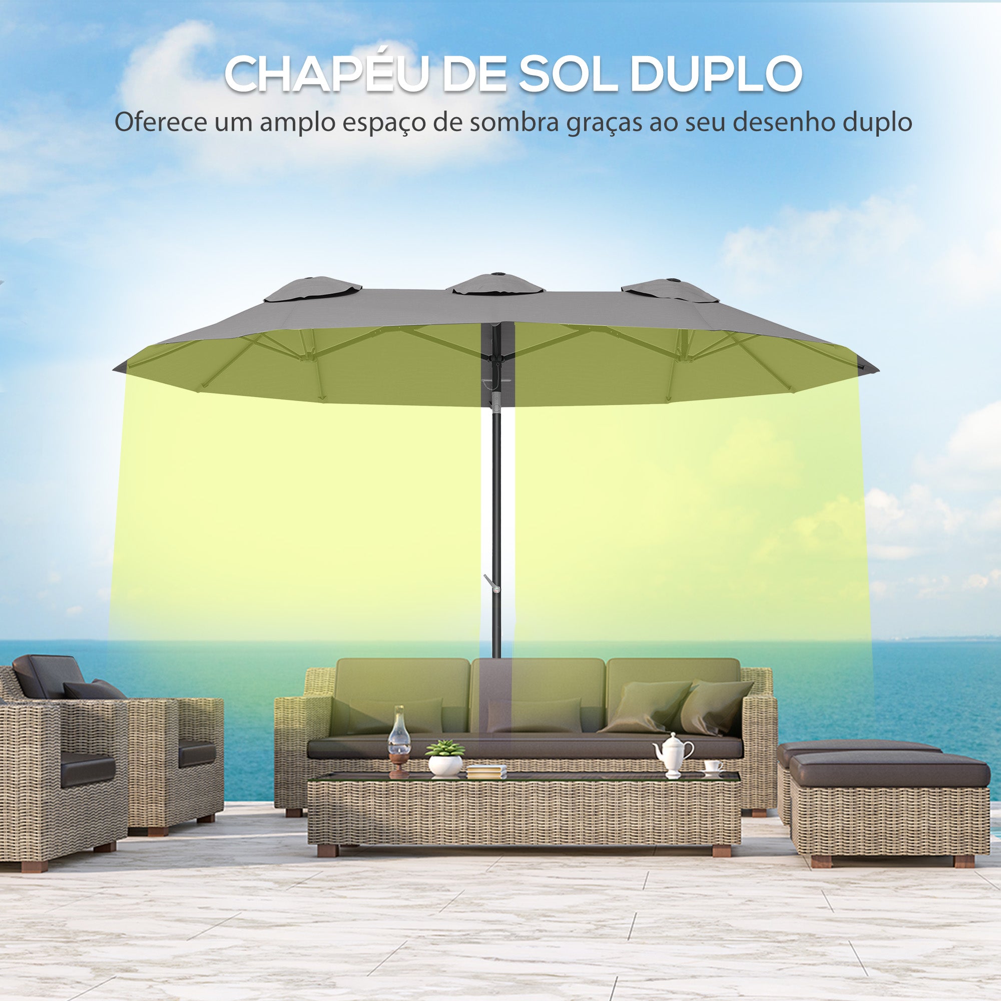 Chapéu de Sol Duplo - 285x147x227cm - Cinzento - Poliéster