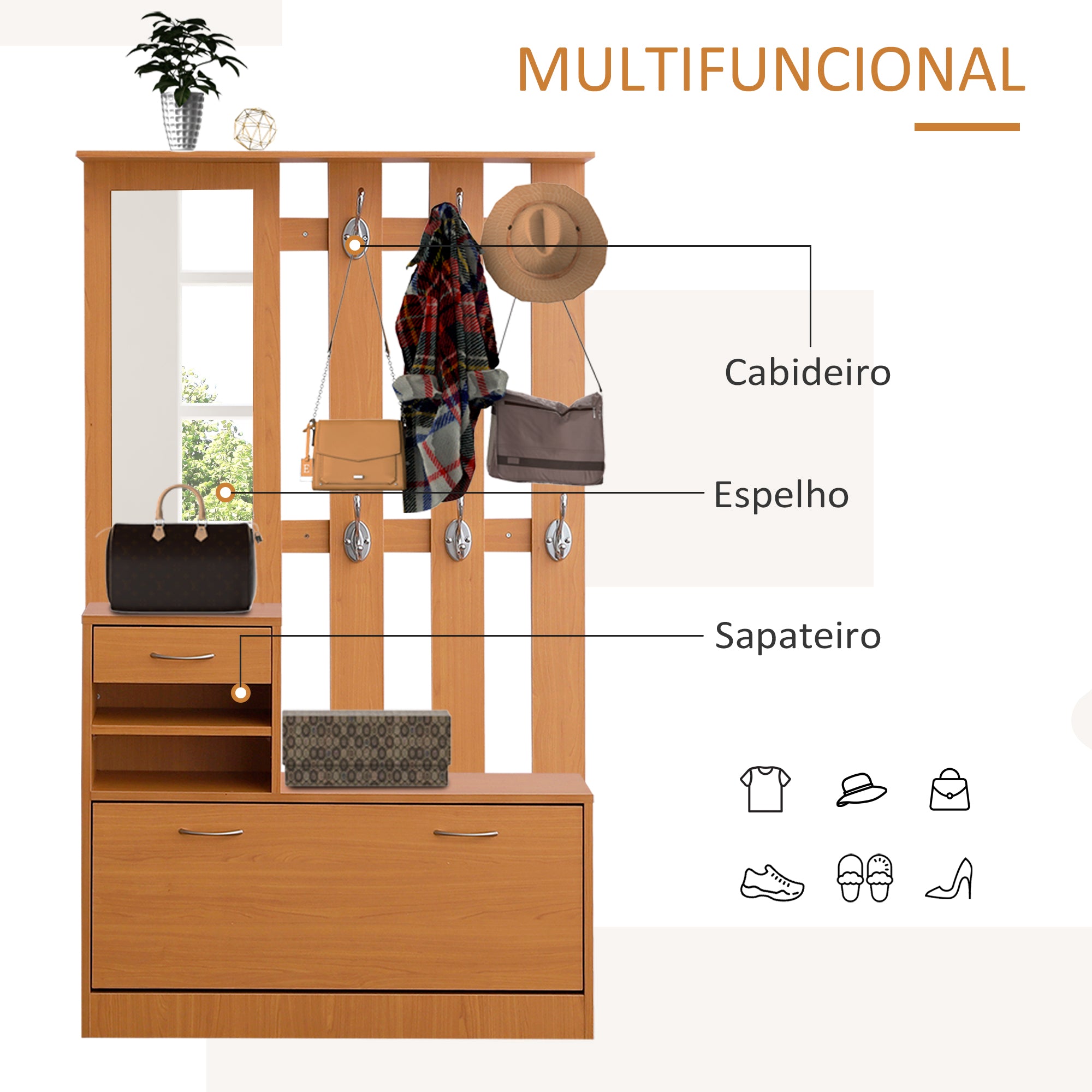 Móvel Cabide de Entrada com Espelho e Sapateira 90x10x102 cm - Cor de Madeira Natural