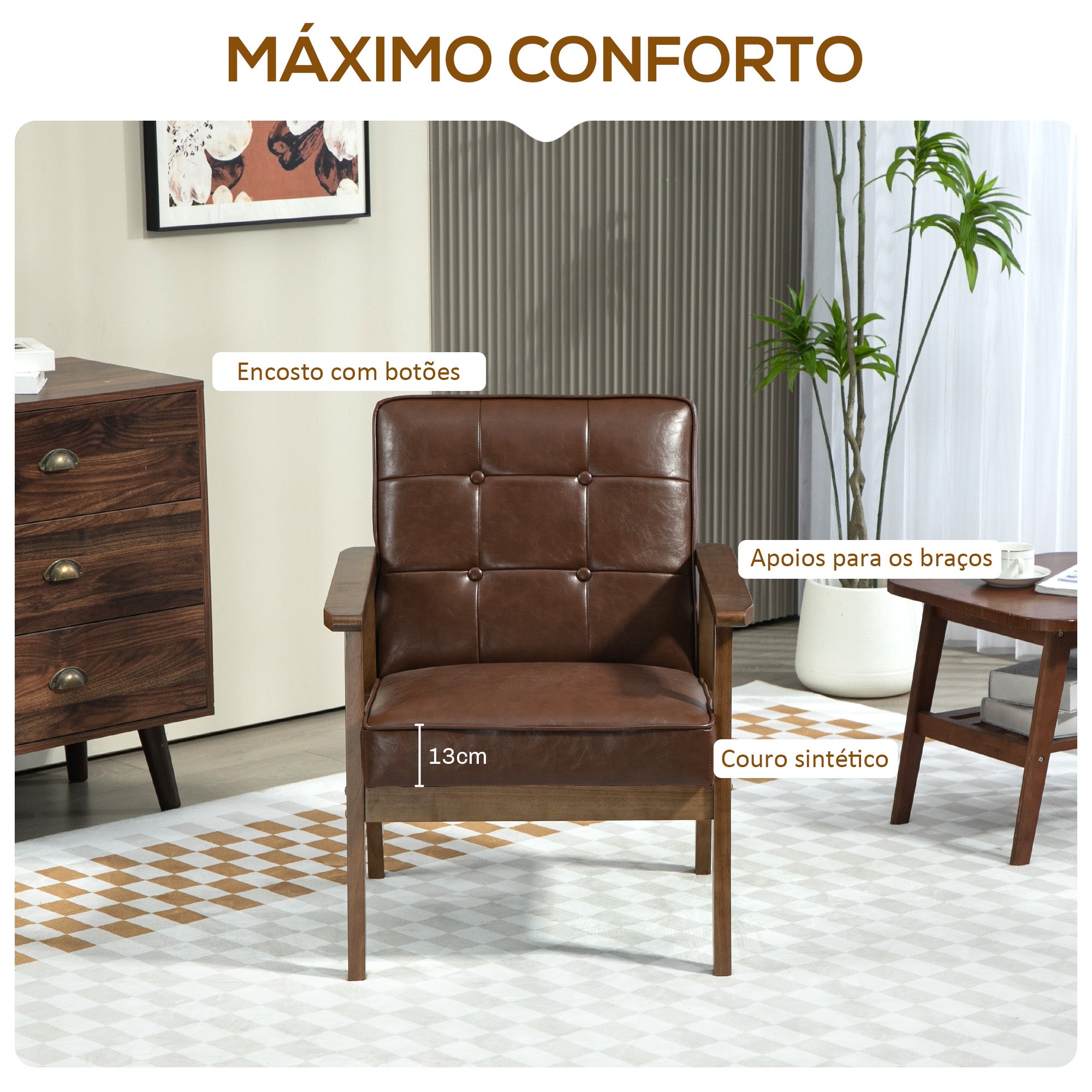 Poltrona Estofada em PU – 64x66x80 cm – Marrom – Couro Sintético