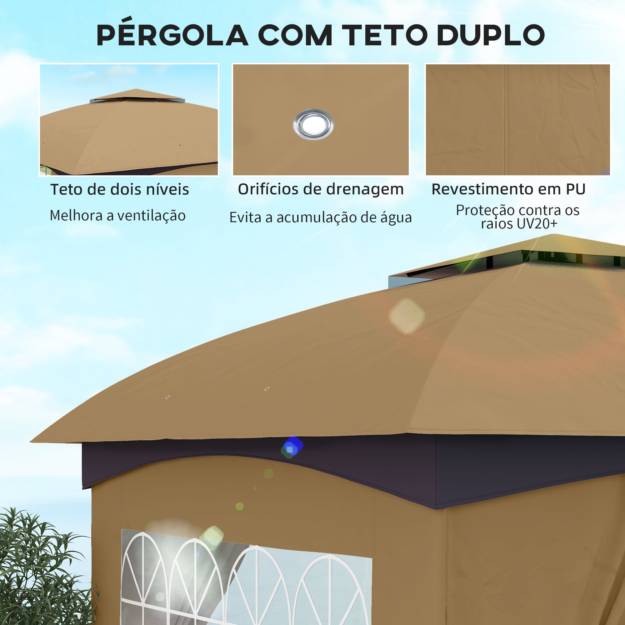 Tenda de Jardim – 335x335x285 cm – Bege – Aço Galvanizado e Poliéster