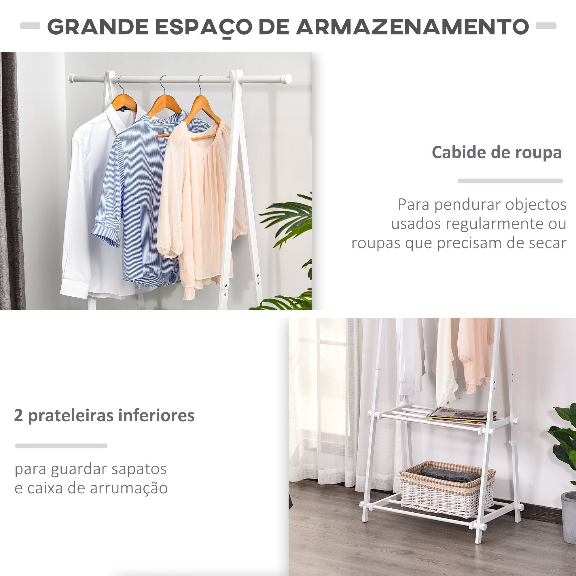 Suporte para Cabide Dobrável com 2 Prateleiras 107,5x45x150 cm Branco