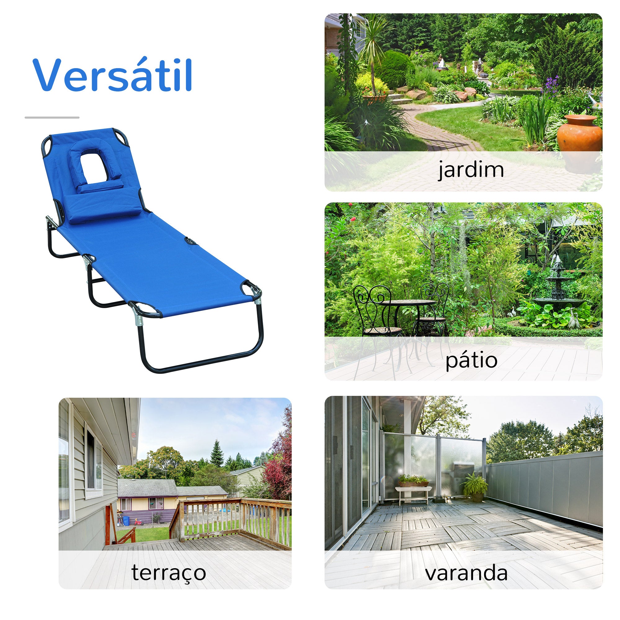 Espreguiçadeira de Jardim Dobrável 190x56x28cm - Azul