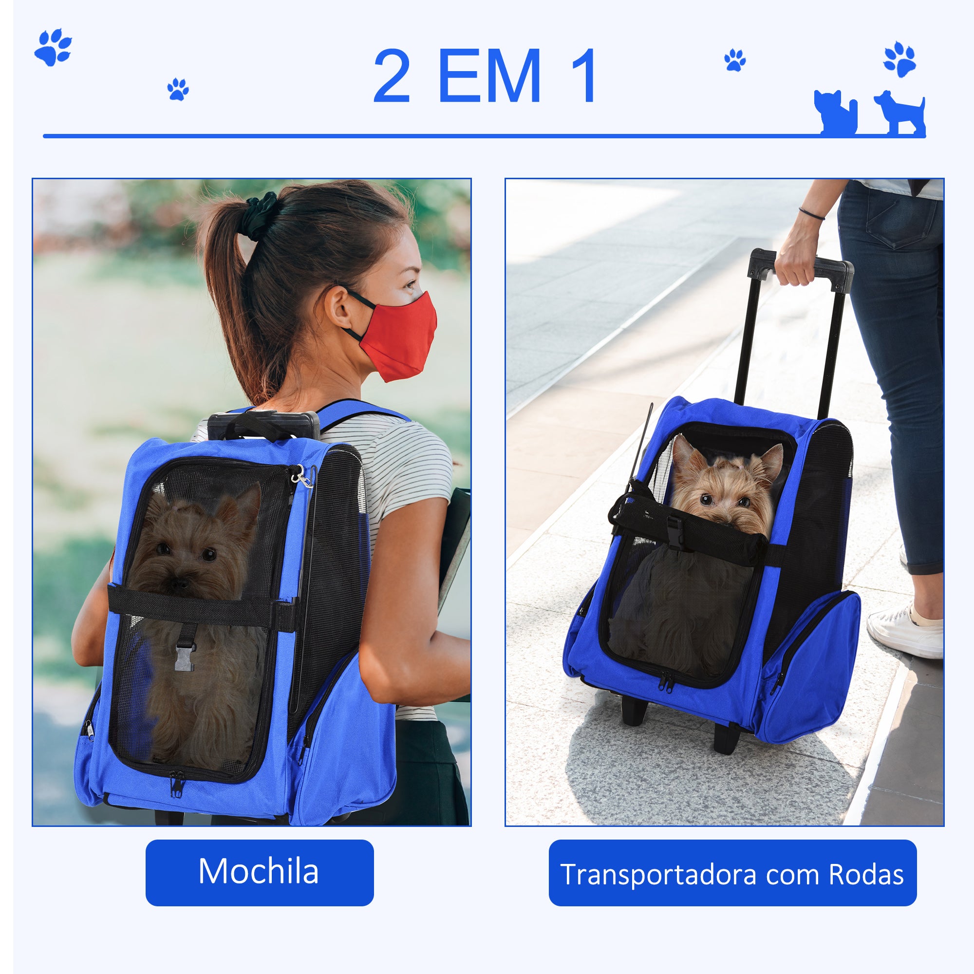Transportadora 2 em 1 para Animais de Estimação - 42x25x55cm - Cor Azul