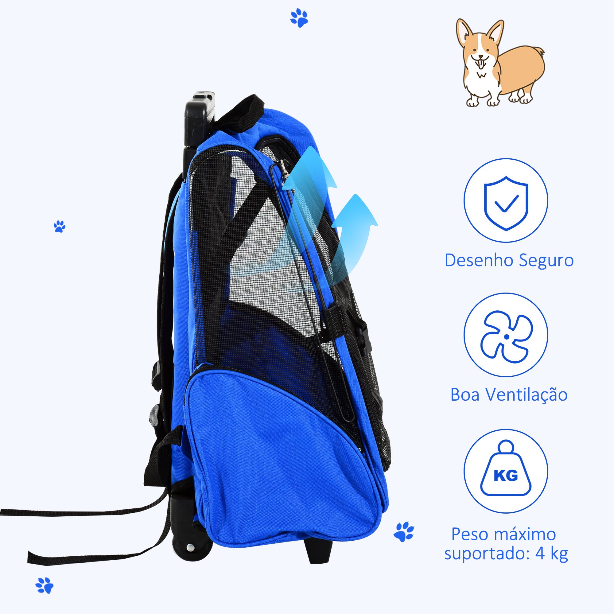 Transportadora 2 em 1 para Animais de Estimação - 42x25x55cm - Cor Azul