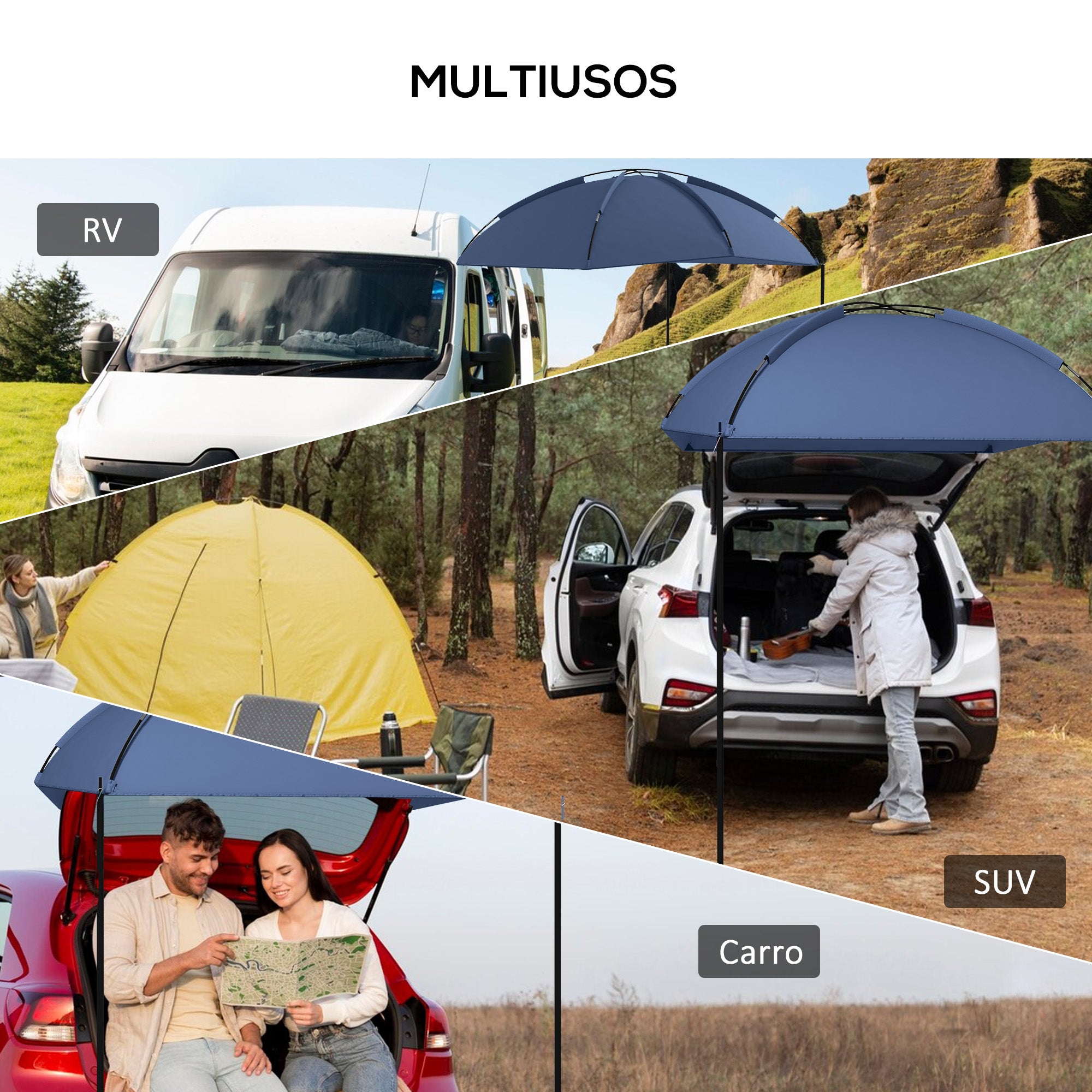 Toldo para Carro Azul Marrinho 290x278x230-260 cm - Abrigo Ajustável para Campismo