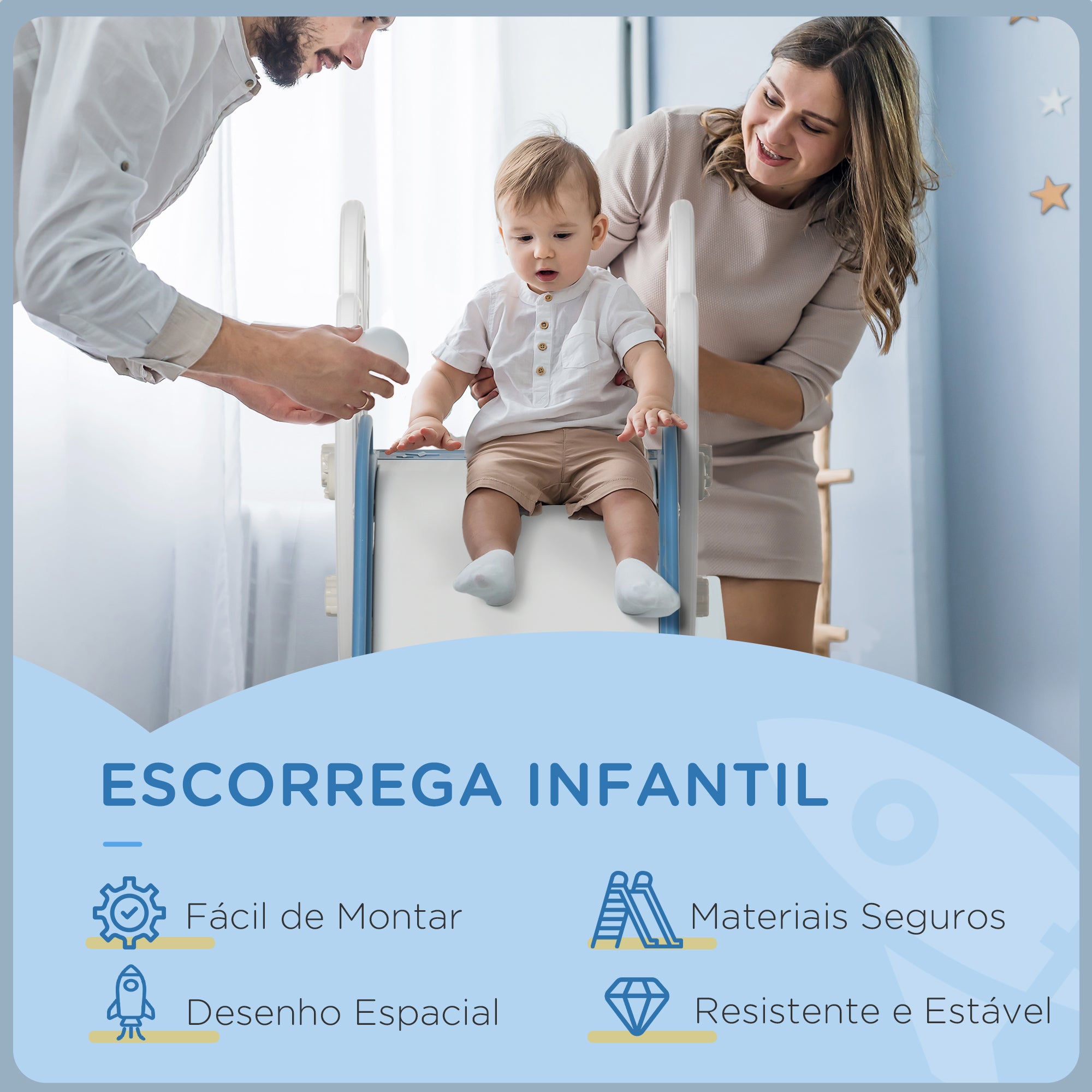 Escorregador Infantil com 3 Degraus Antiderrapantes 157x46,5x80 cm - Cor Azul