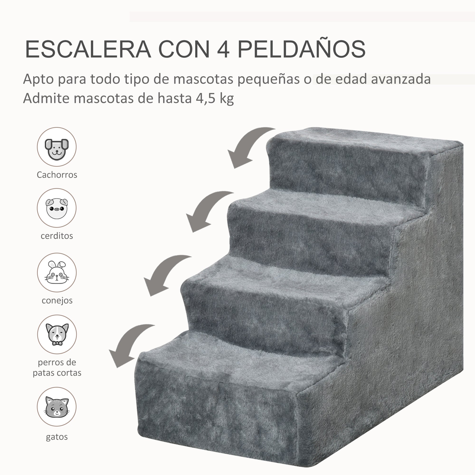 Escada para Animais de Estimação – 60x35x44 cm – Cinza – Aglomerado de madeira e pelúcia