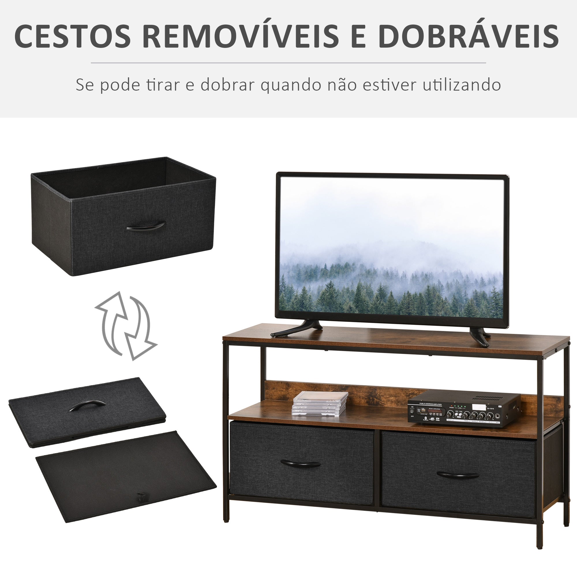 Móvel de TV Industrial 98x29x56cm Marrom Rústico e Preto