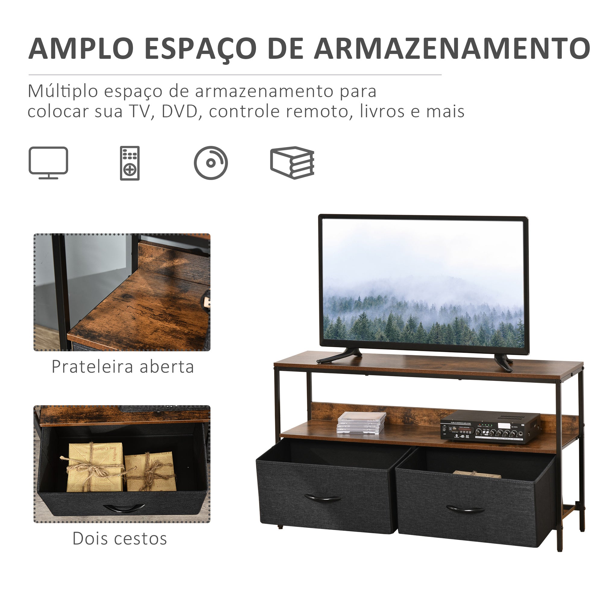 Móvel de TV Industrial 98x29x56cm Marrom Rústico e Preto