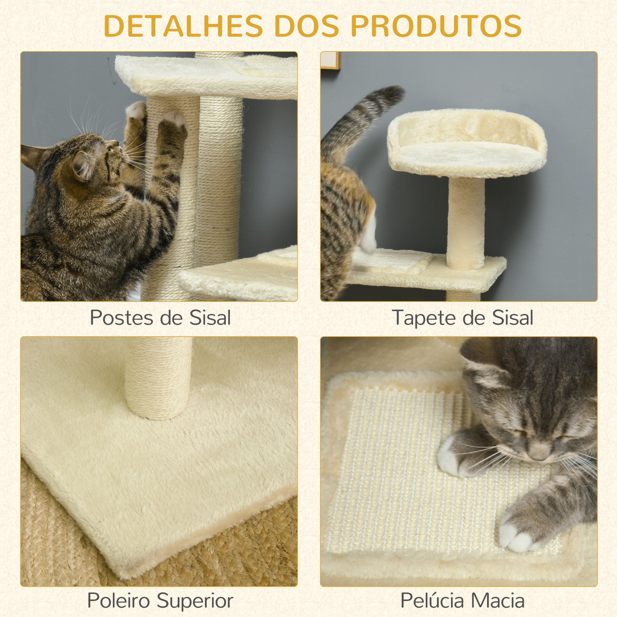 Arranhador para Gato com Cama e Plataforma - 50x50x100cm - Cor Creme