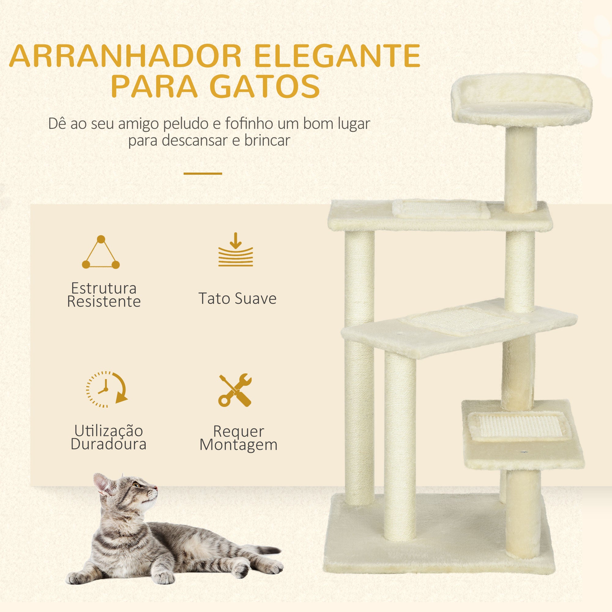 Arranhador para Gato com Cama e Plataforma - 50x50x100cm - Cor Creme