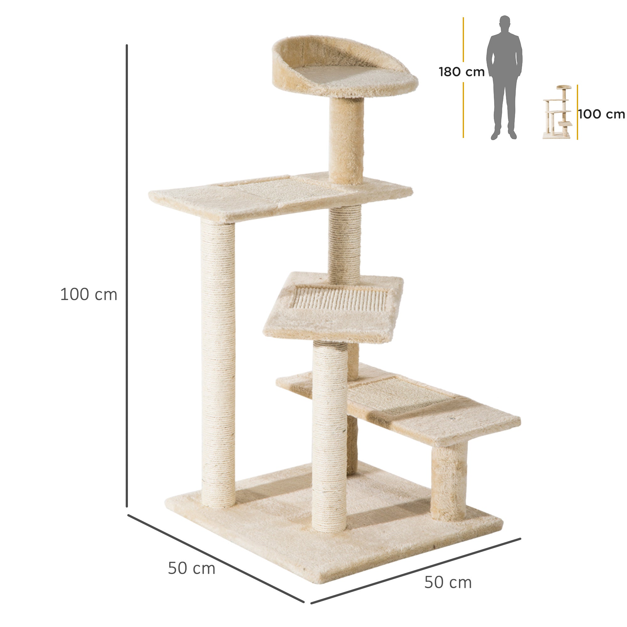 Arranhador para Gato com Cama e Plataforma - 50x50x100cm - Cor Creme