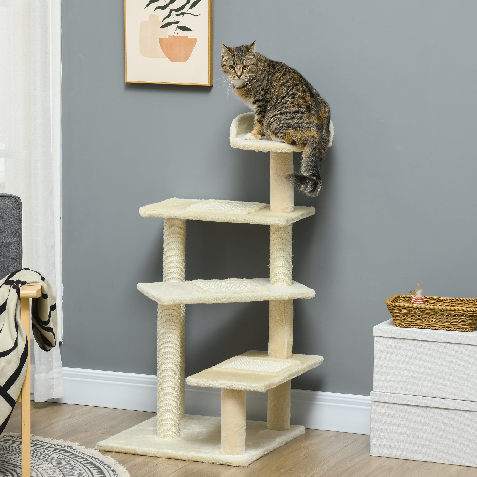 Arranhador para Gato com Cama e Plataforma - 50x50x100cm - Cor Creme