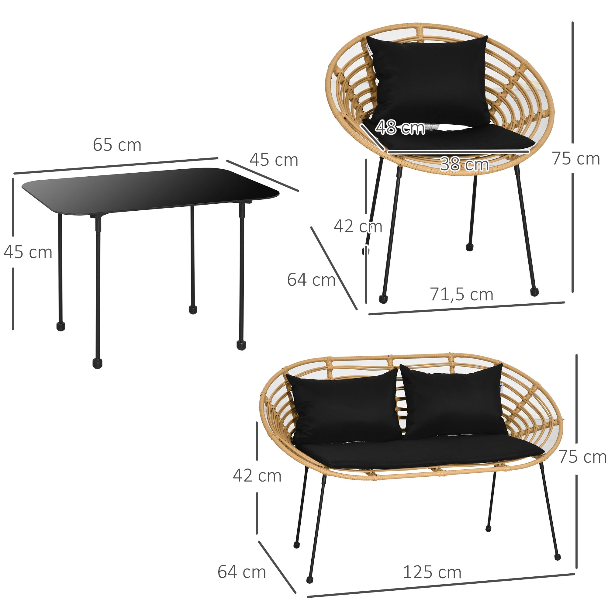 Conjunto de Móveis de Jardim em Vime Sintético – 125x64x75 cm – Preto