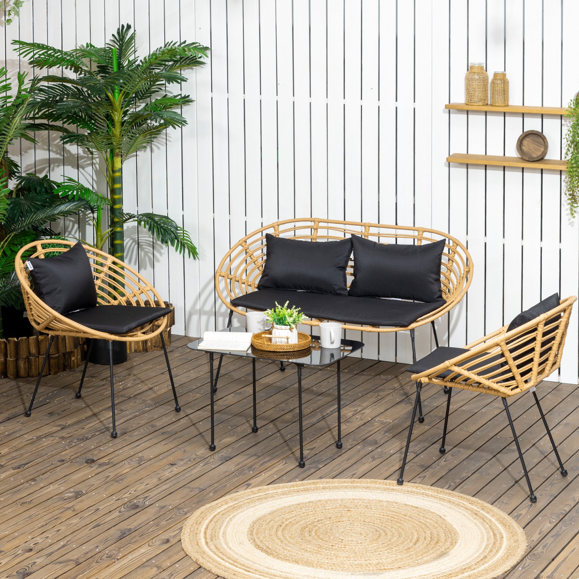 Conjunto de Móveis de Jardim em Vime Sintético – 125x64x75 cm – Preto