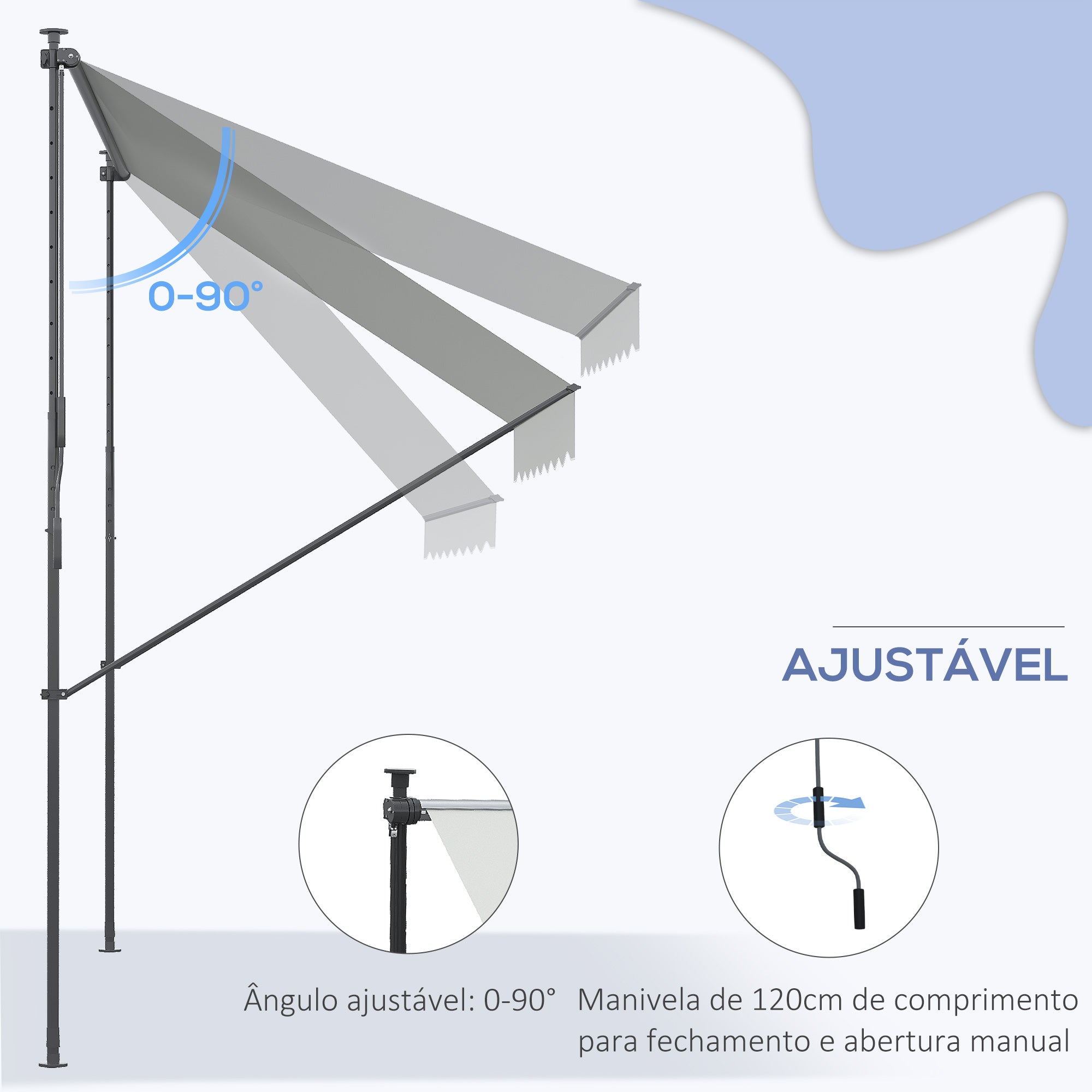 Toldo Manual Retrátil 300x170x200-290cm Cinza - Proteção Solar UV40+