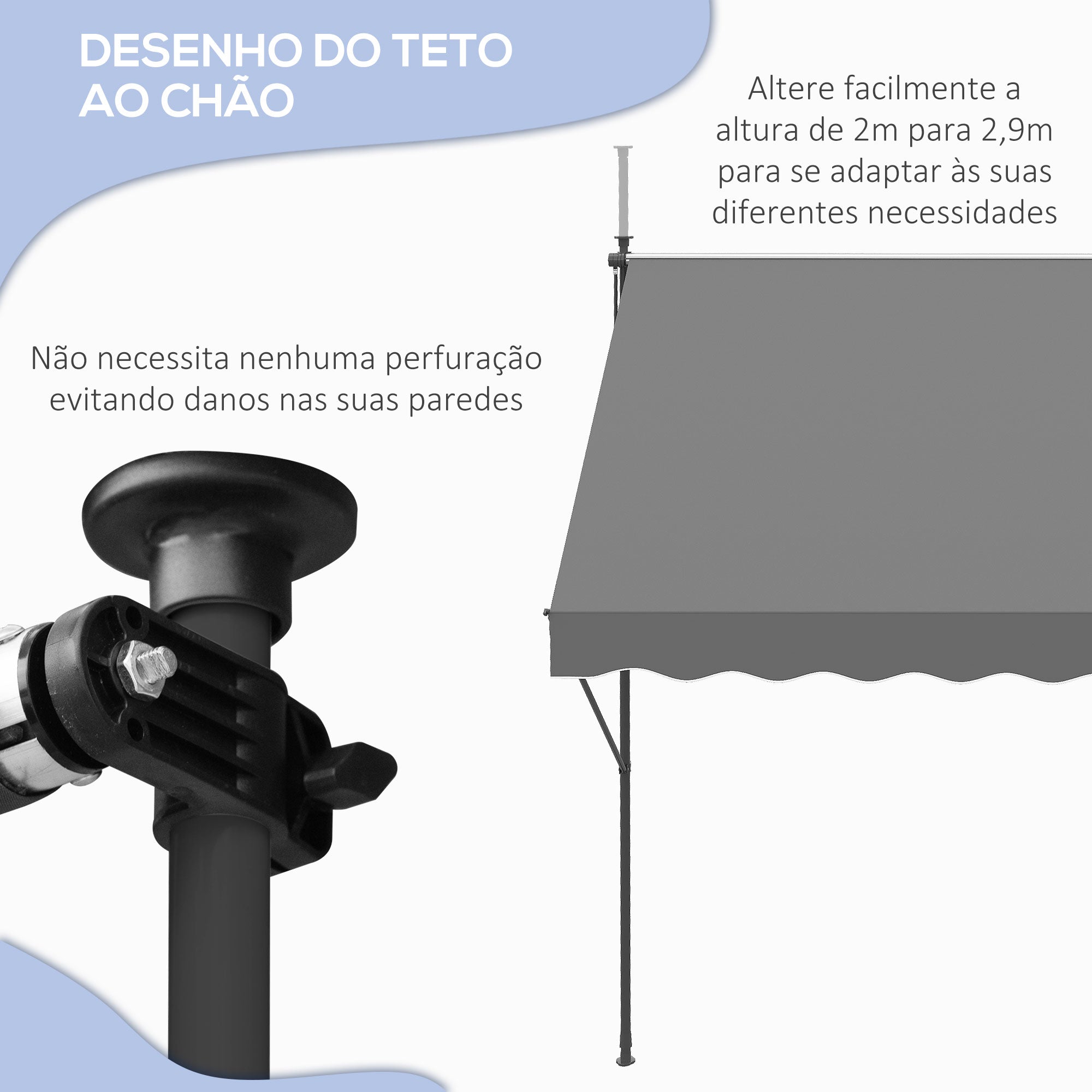 Toldo Manual Retrátil 300x170x200-290cm Cinza - Proteção Solar UV40+