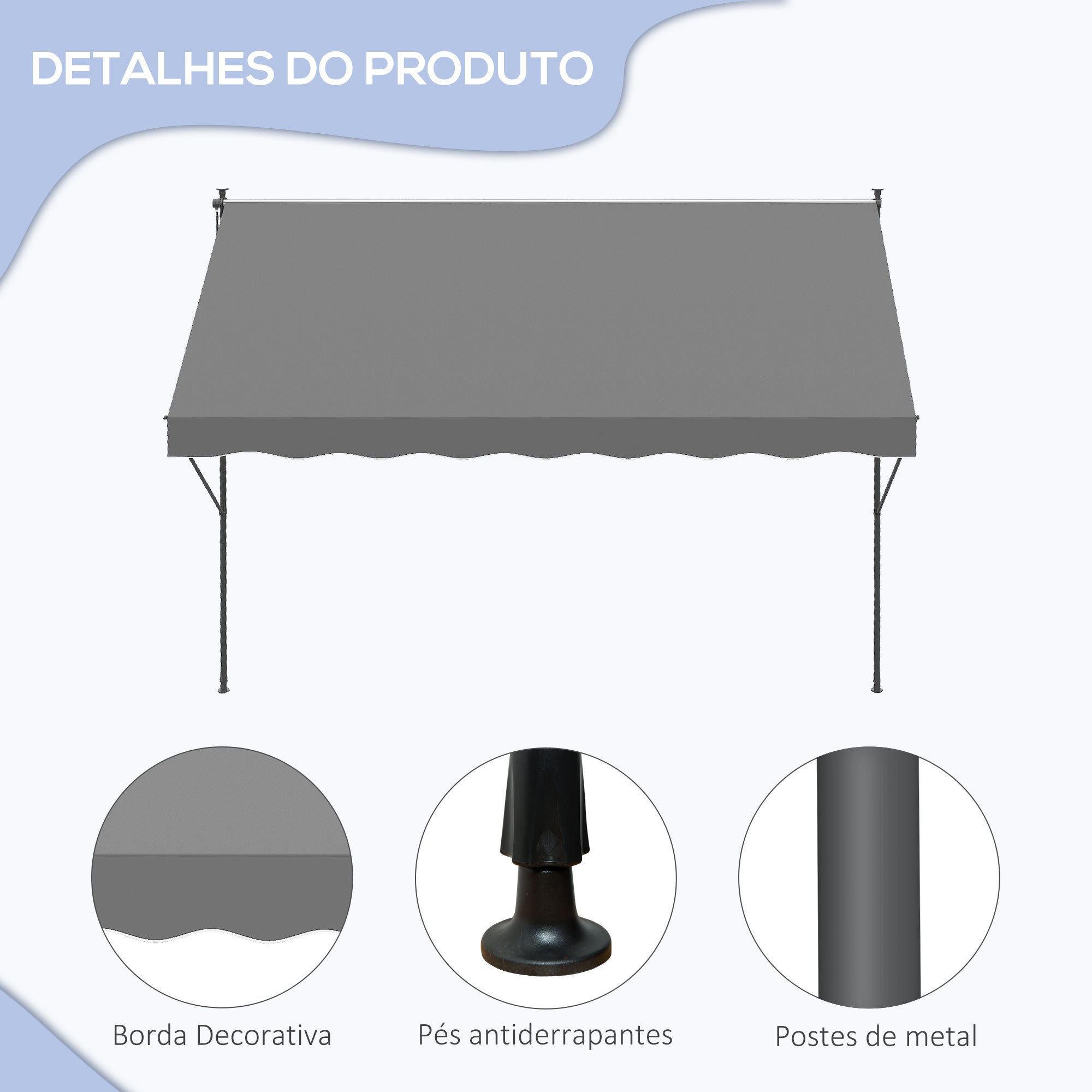 Toldo Manual Retrátil 300x170x200-290cm Cinza - Proteção Solar UV40+