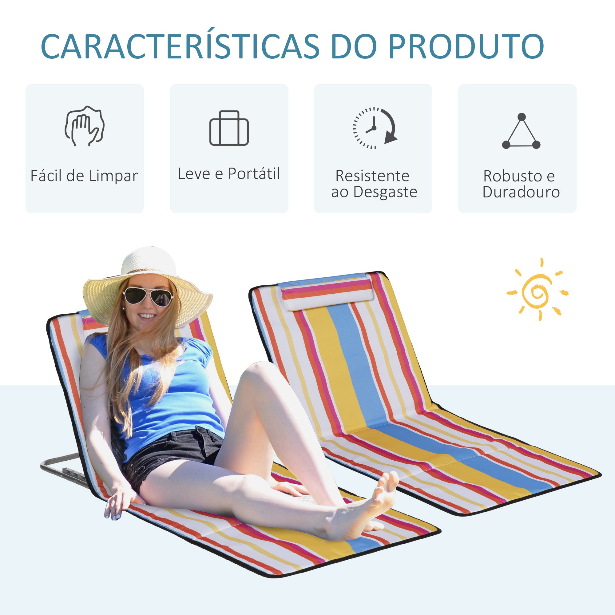 Conjunto de Esteiras de Praia – 124x53x37-50cm – Multicor – Aço e Tecido Oxford