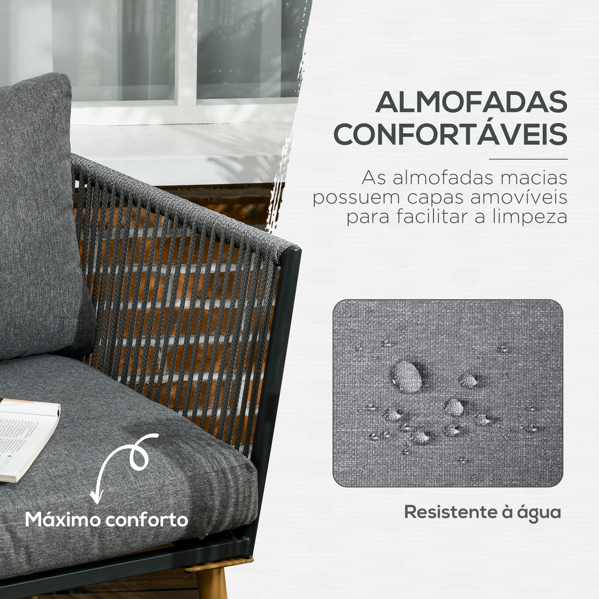 Conjunto de Móveis de Jardim – 90x50x35 cm, 130x65x68 cm, 73x65x68 cm – Cinza – Aço, vime PE, poliéster, espuma, madeira, plástico