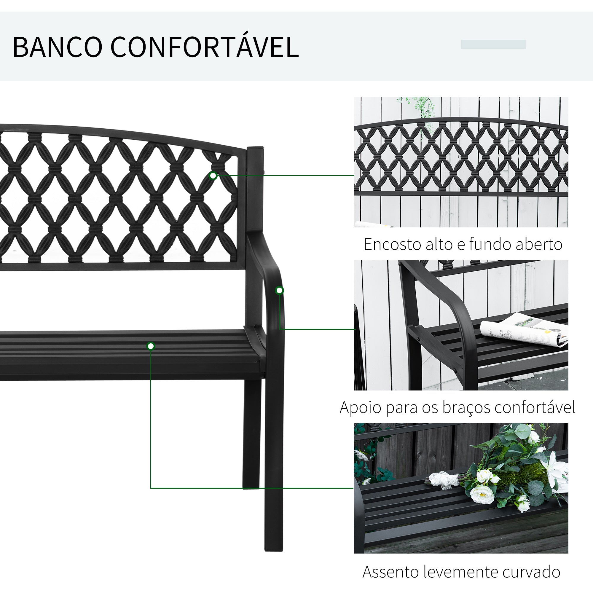 Banco de Jardim 2 Lugares Preto 128x58.5x89 cm