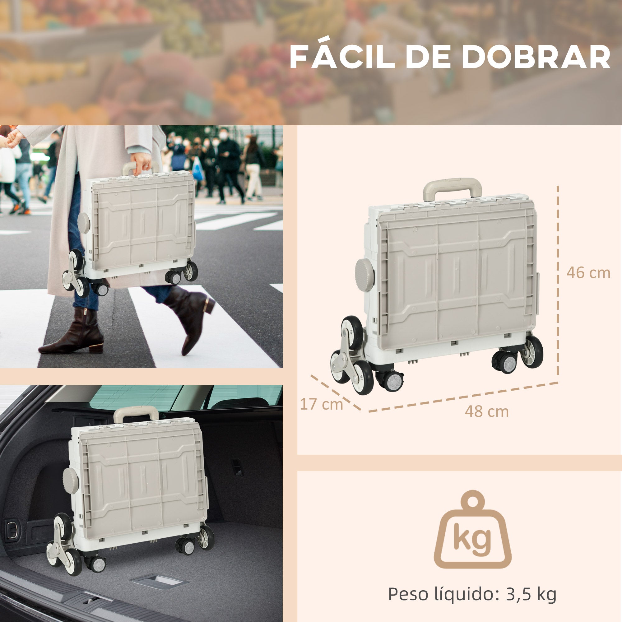 Carrinho de Armazenamento Dobrável com Rodas para Subir Escadas 48x43x95 cm - Branco