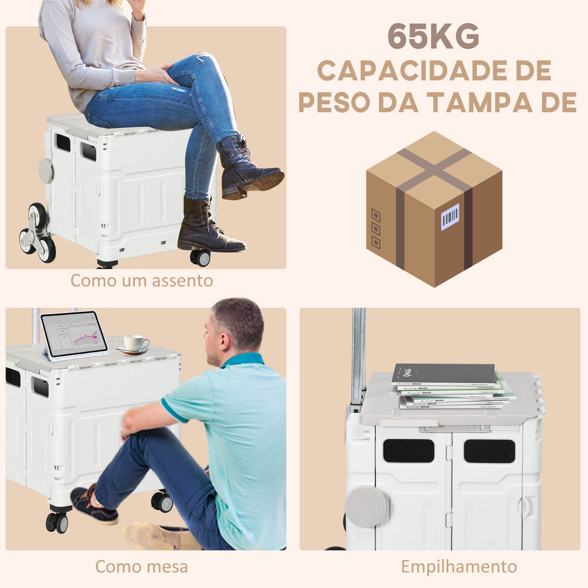 Carrinho de Armazenamento Dobrável com Rodas para Subir Escadas 48x43x95 cm - Branco
