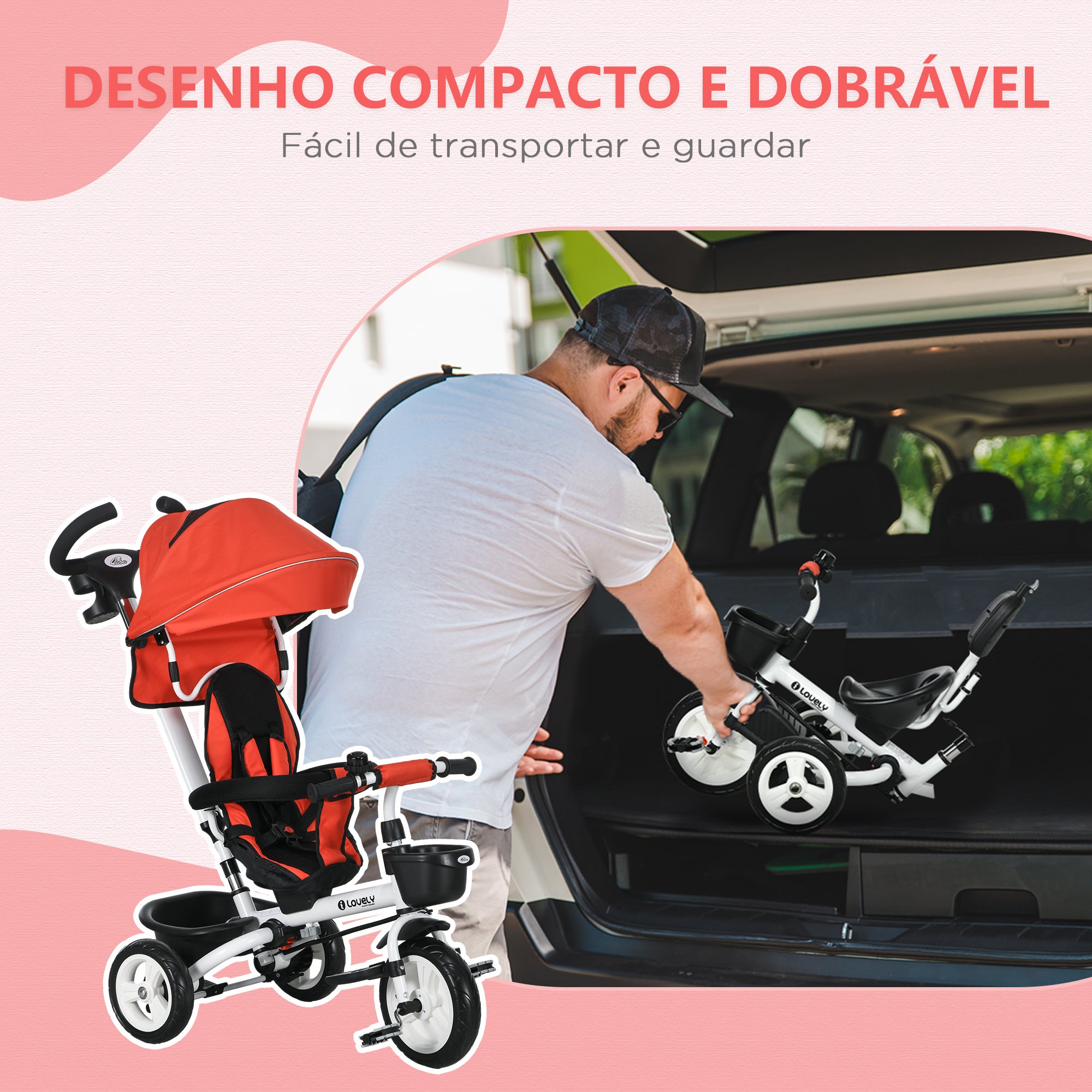 Triciclo Evolutivo Vermelho 112x50x104 cm para Crianças de 12-60 Meses