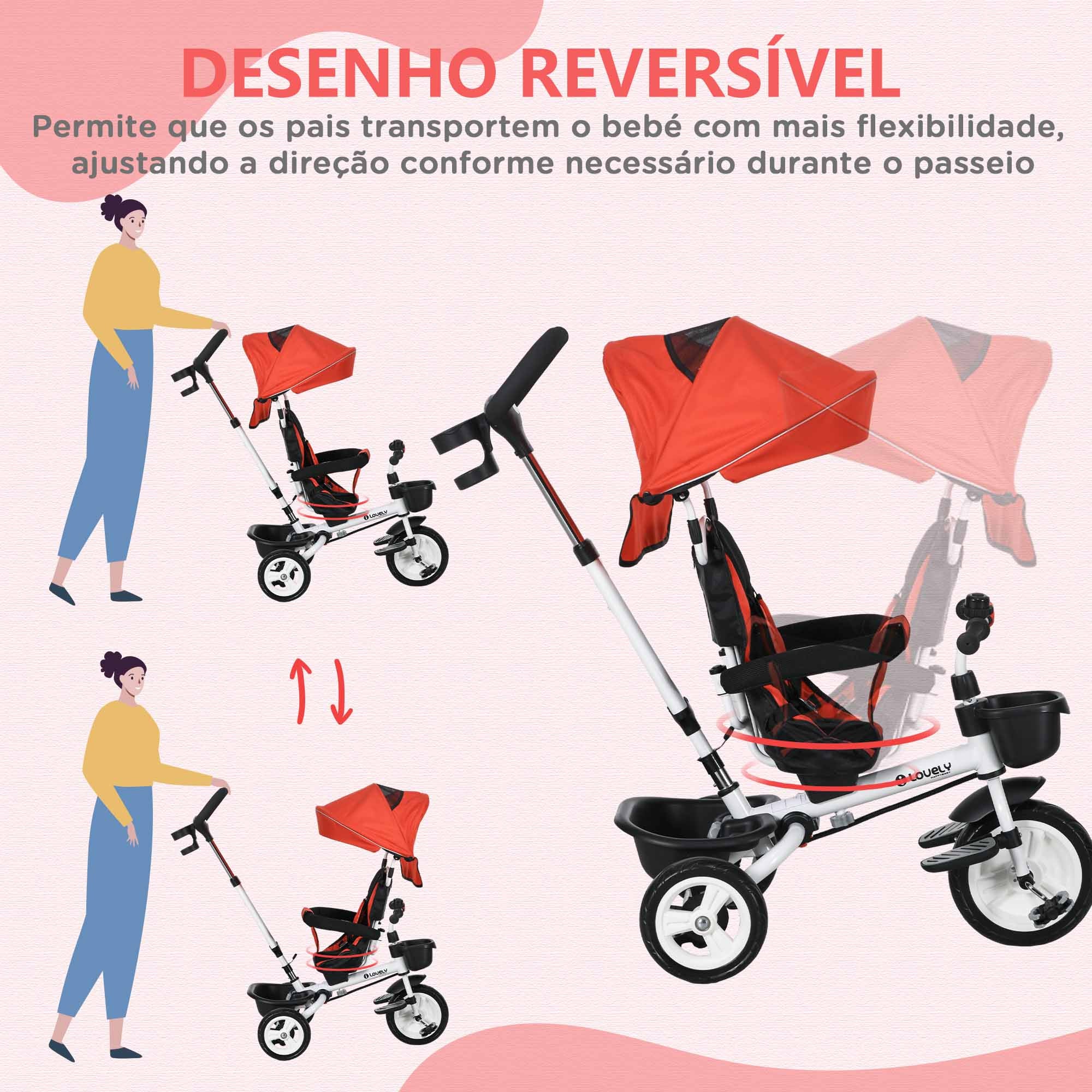 Triciclo Evolutivo Vermelho 112x50x104 cm para Crianças de 12-60 Meses