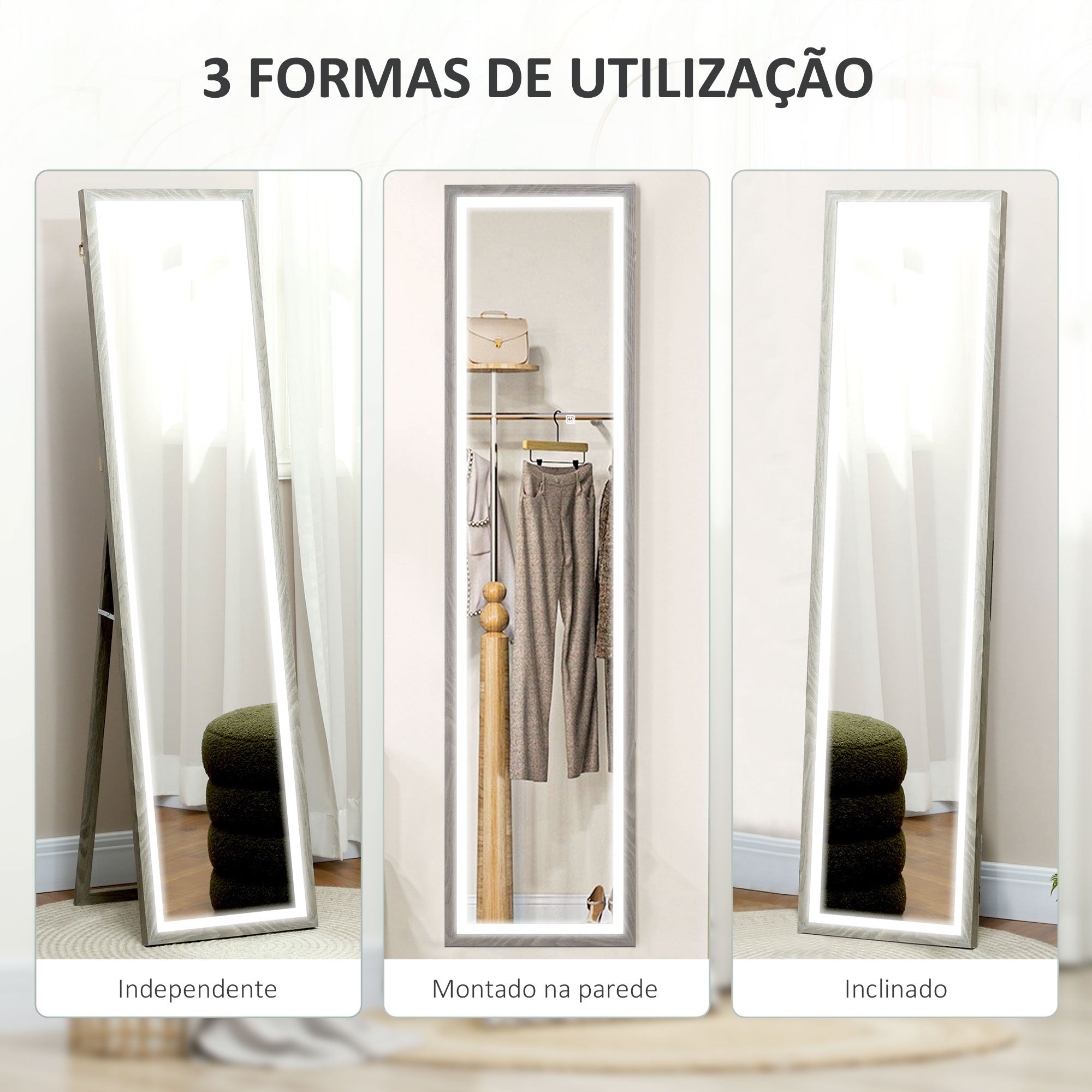 Espelho de Pé com Luz LED 40x160 cm em Cinza