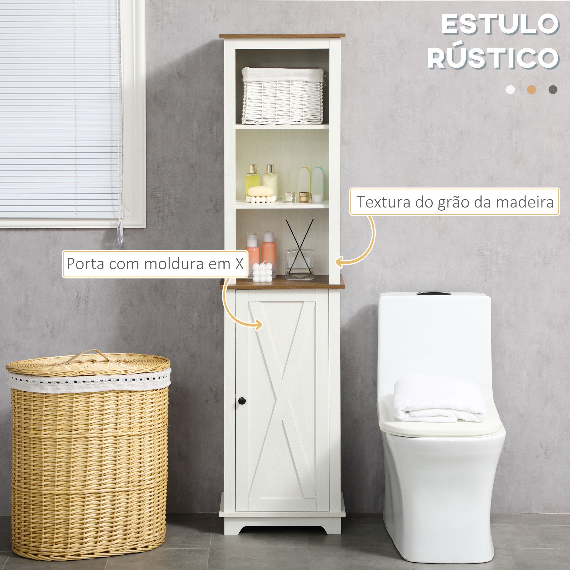 Coluna Casa de Banho Armário de Armazenamento com 3 Compartimentos Branco e Madeira 39,5x30x160 cm