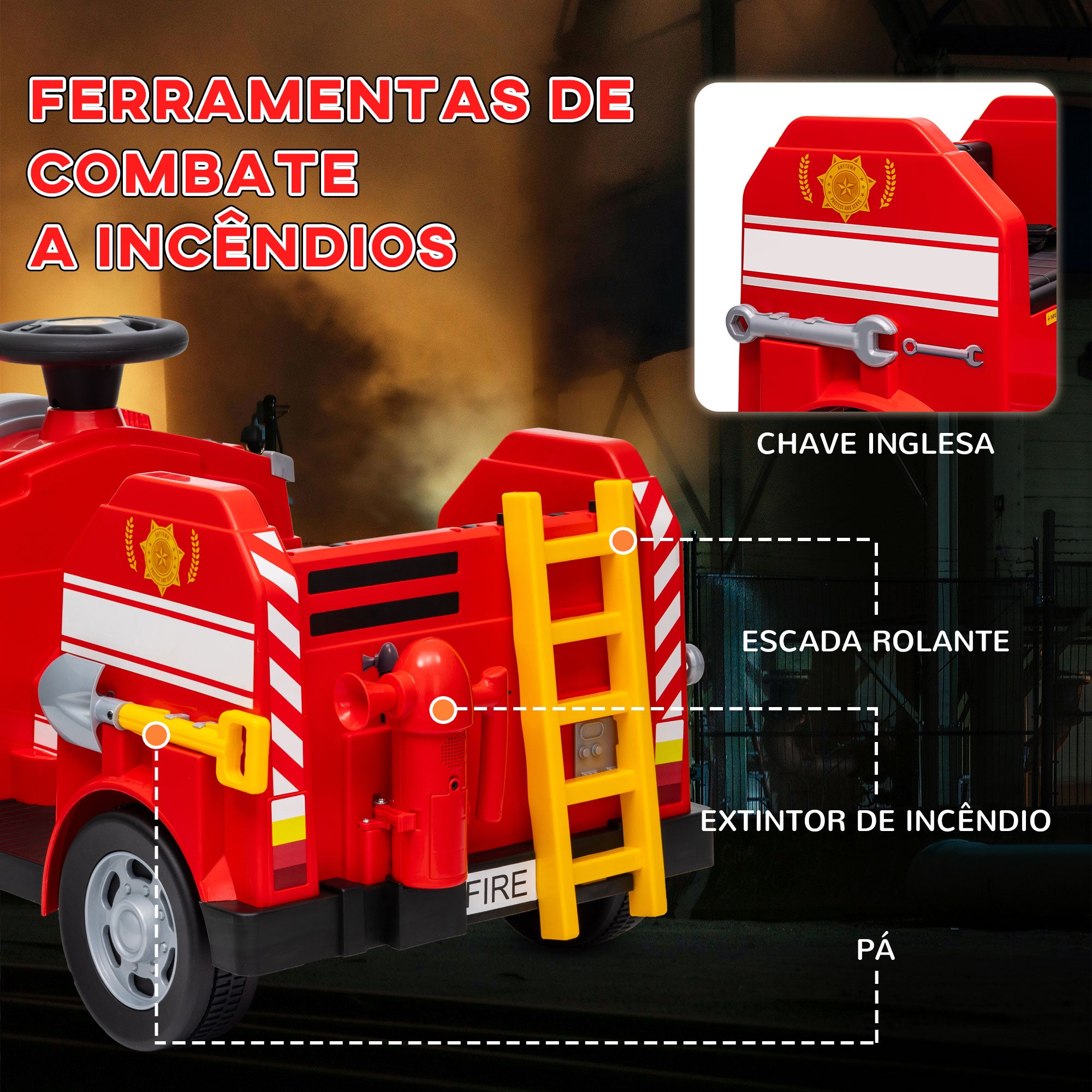 Caminhão de Bombeiros Elétrico Vermelho 86x49x52 cm para Crianças