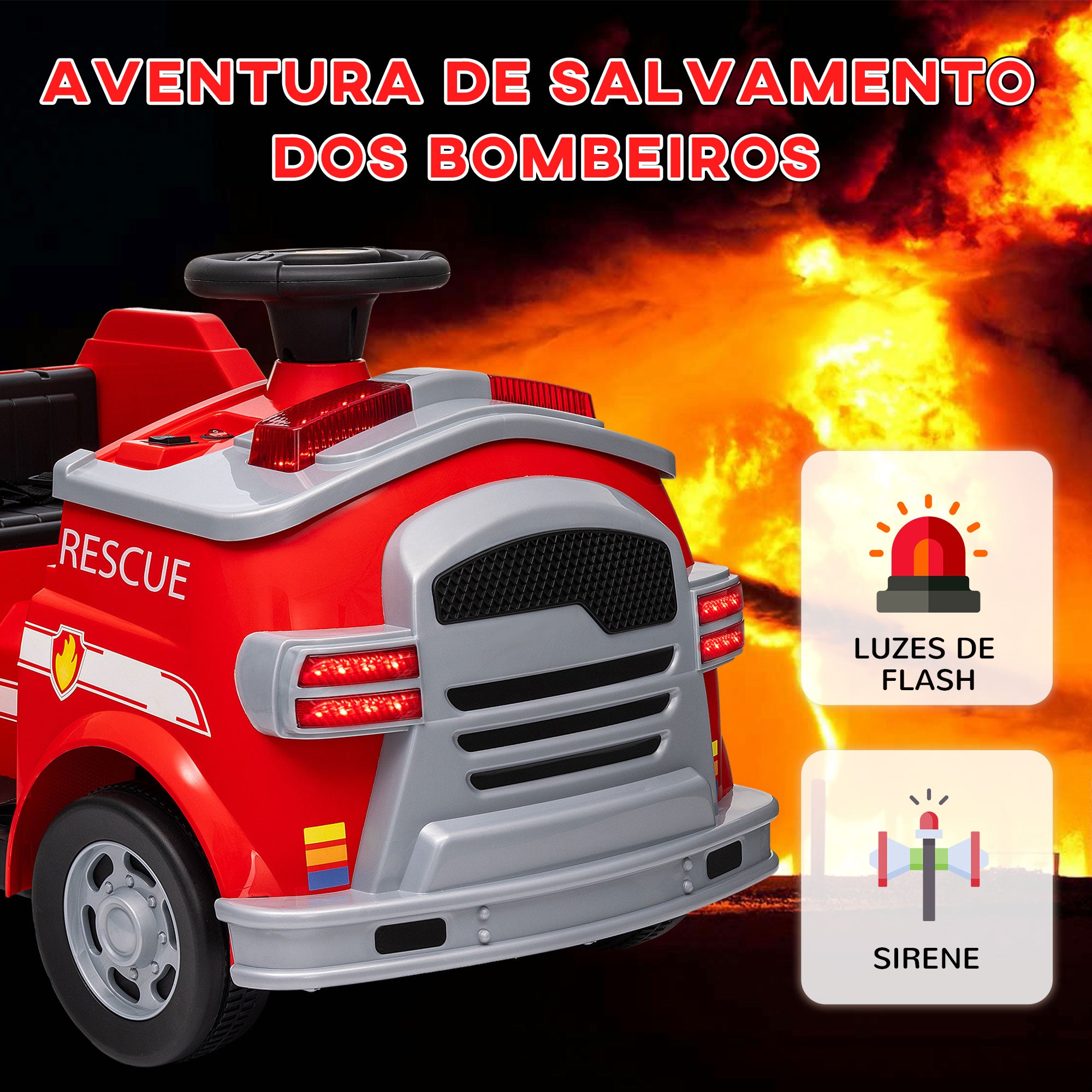 Caminhão de Bombeiros Elétrico Vermelho 86x49x52 cm para Crianças