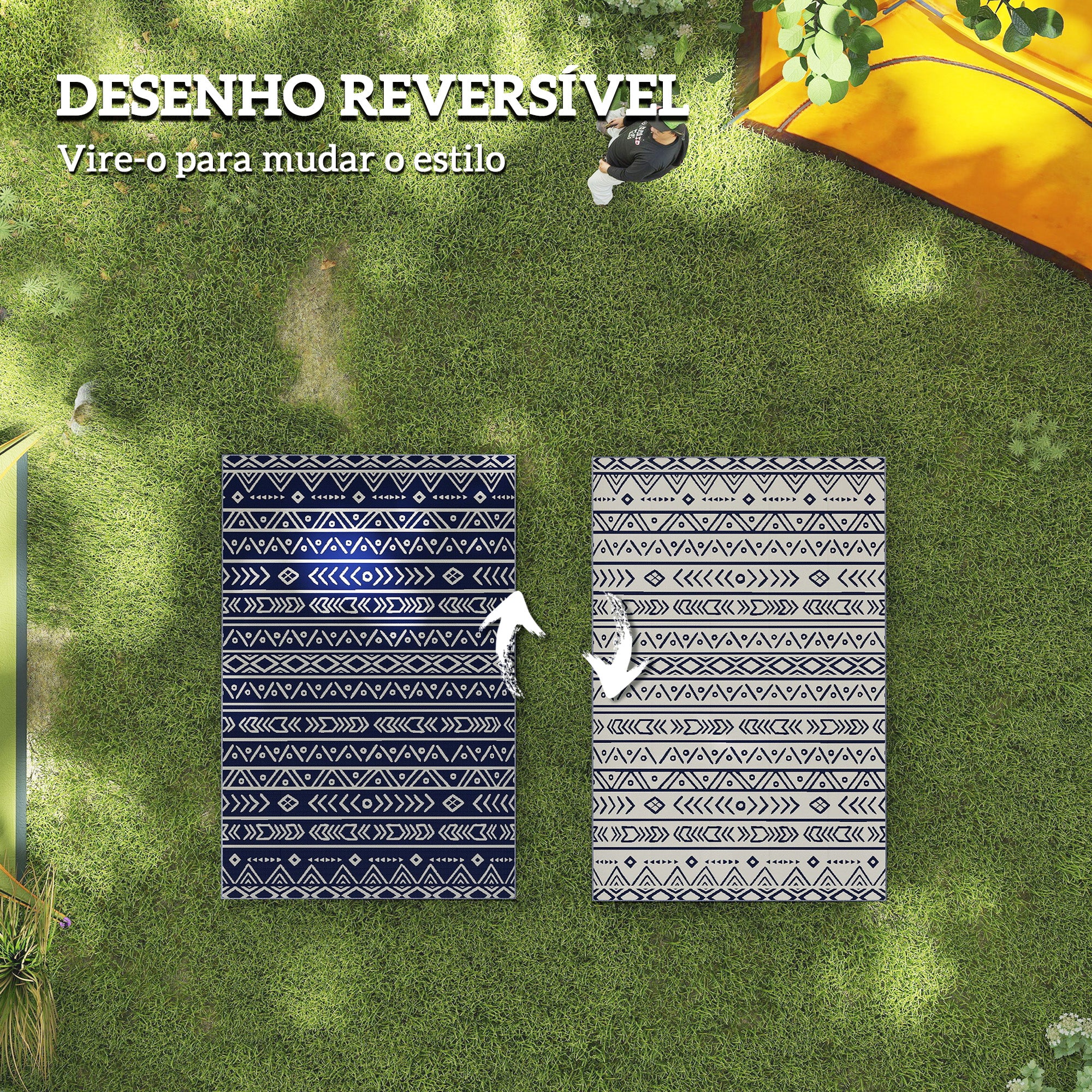 Tapete de Exterior 182x274 cm Azul e Branco - Design Reversível e Bolsa de Transporte
