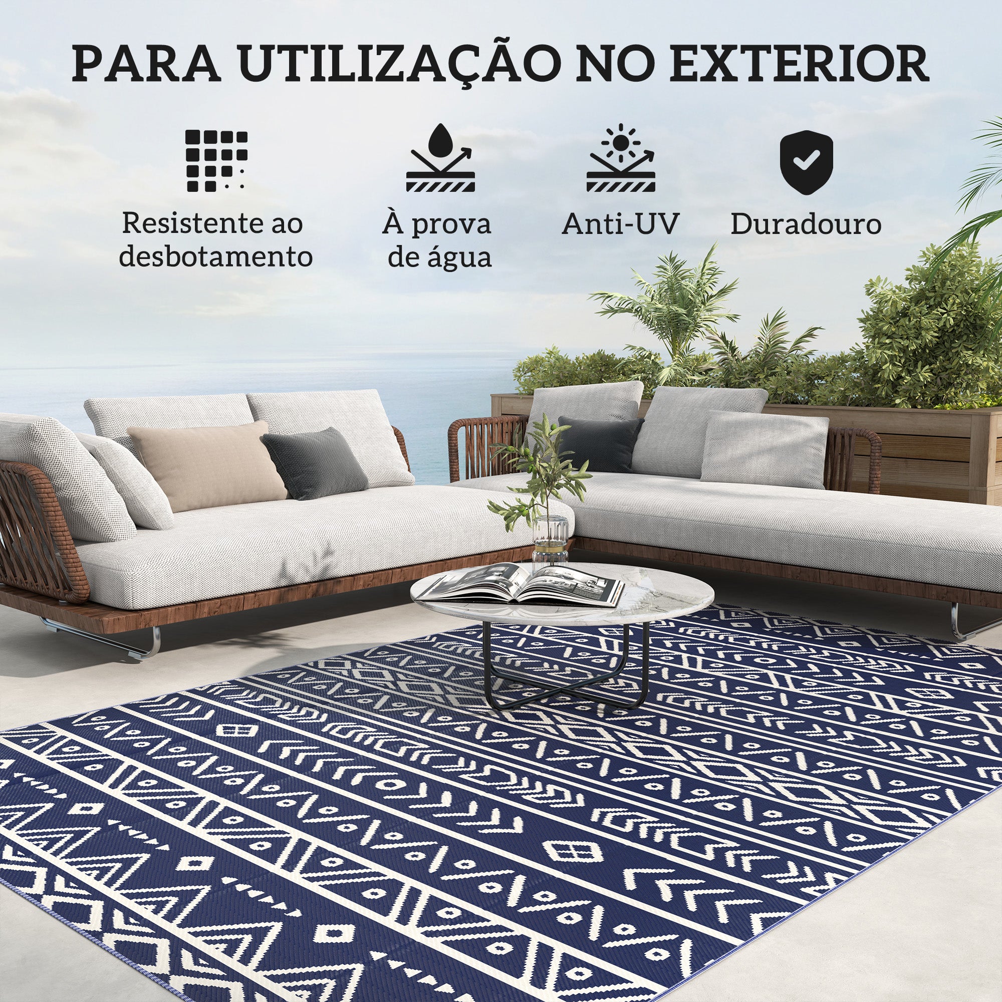 Tapete de Exterior 182x274 cm Azul e Branco - Design Reversível e Bolsa de Transporte