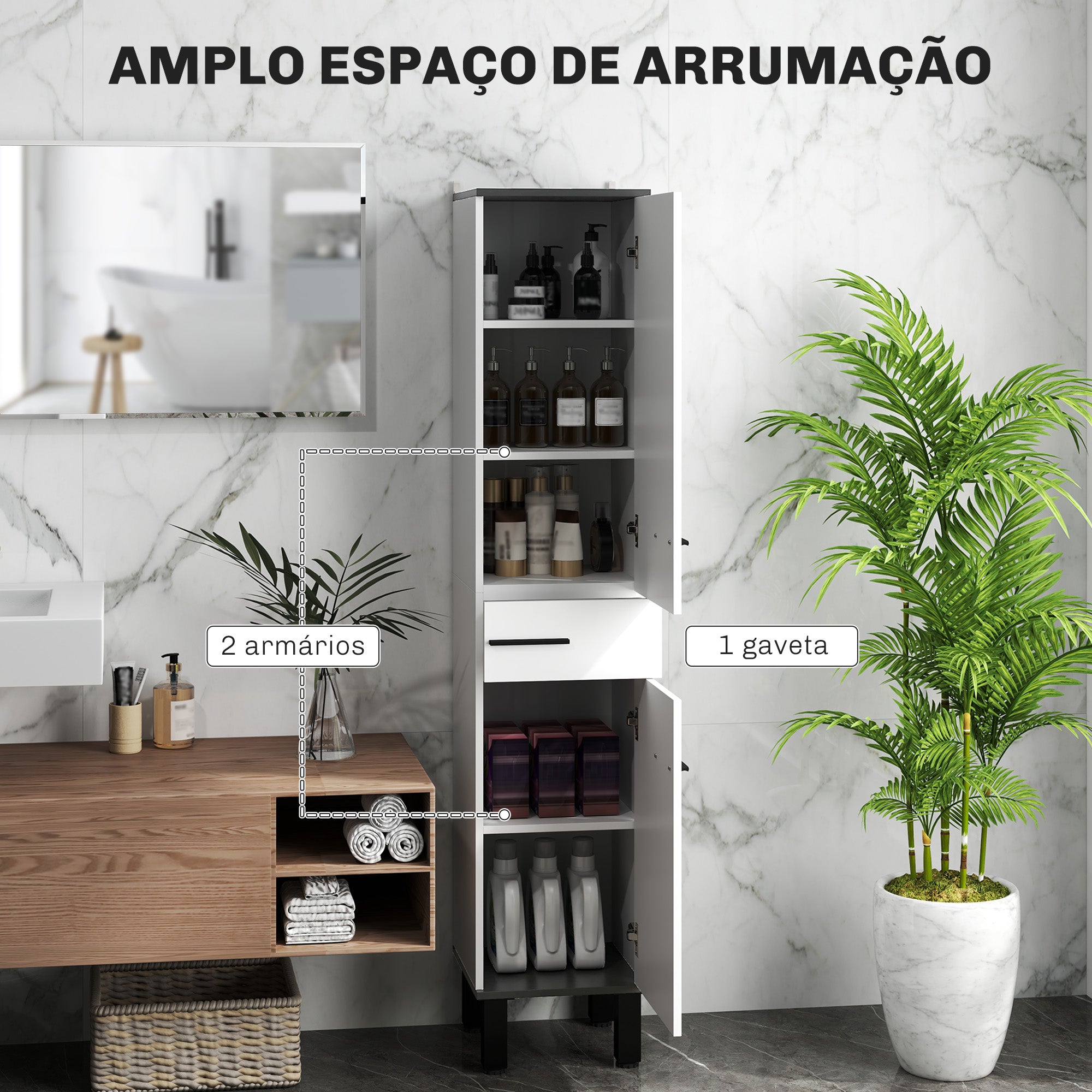 Coluna de Casa de Banho Moderna – 34x34x170 cm – Branca – Melamina e Metal