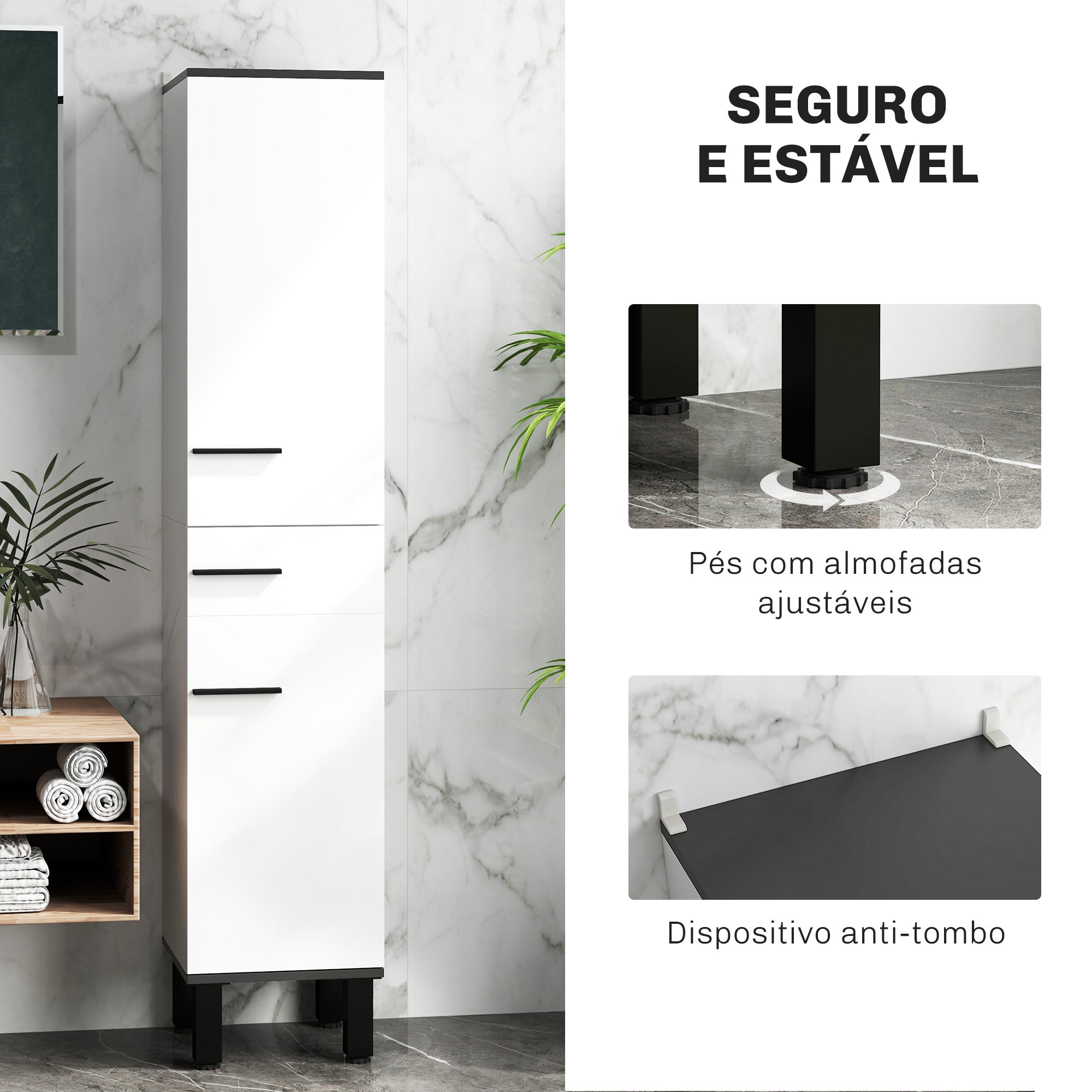 Coluna de Casa de Banho Moderna – 34x34x170 cm – Branca – Melamina e Metal