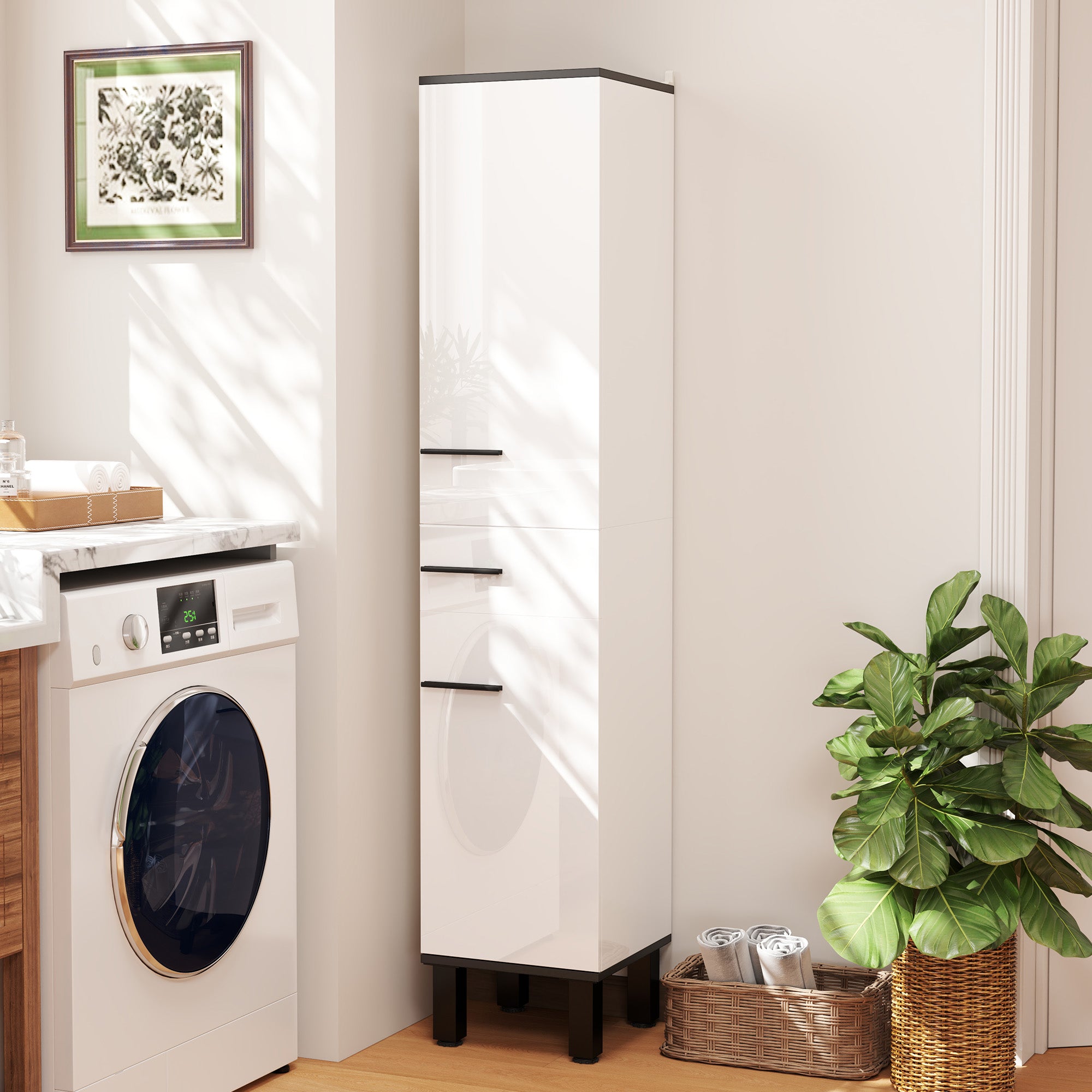 Coluna de Casa de Banho Moderna – 34x34x170 cm – Branca – Melamina e Metal