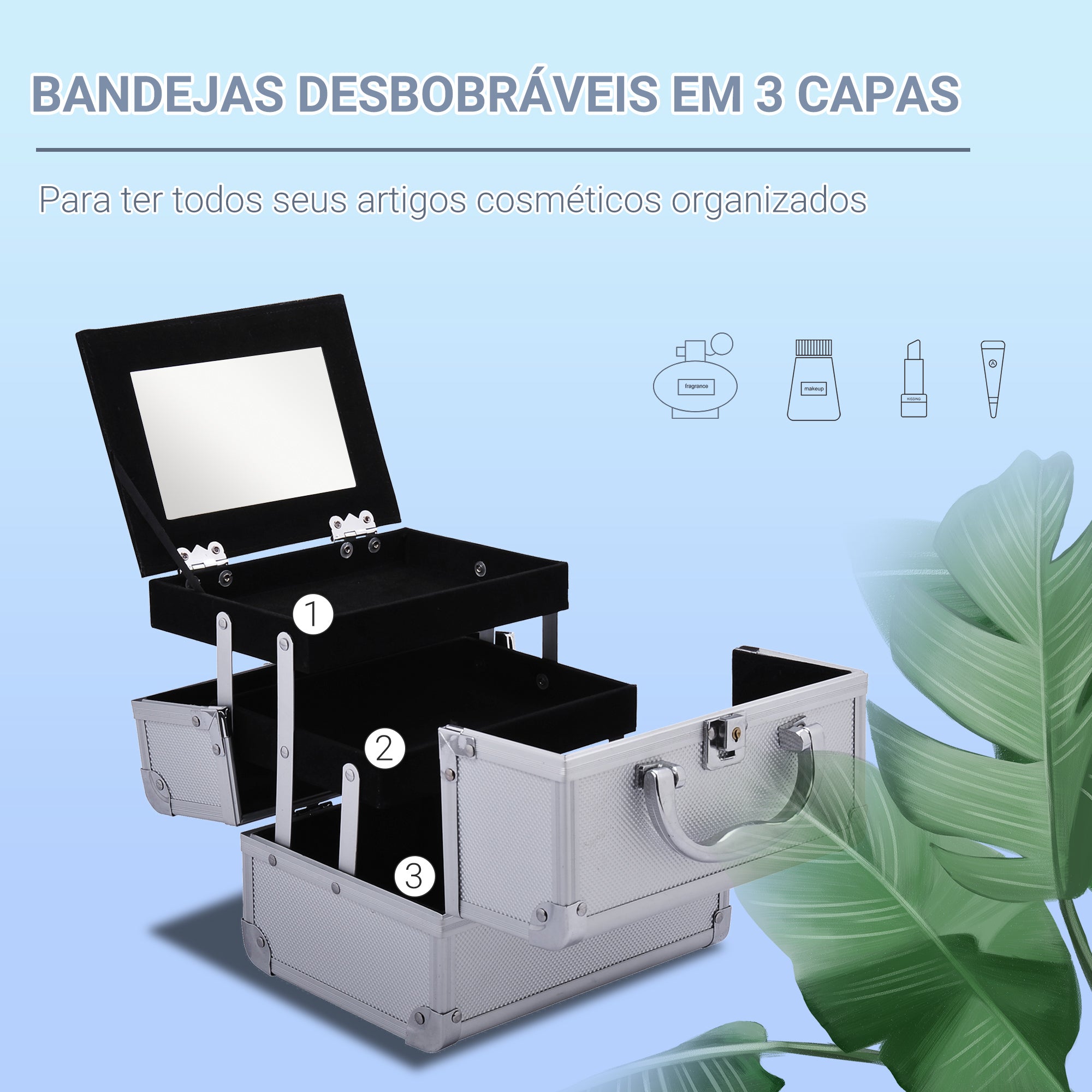 Estojo de Maquiagem Profissional Portátil 15x15x20cm - Prata