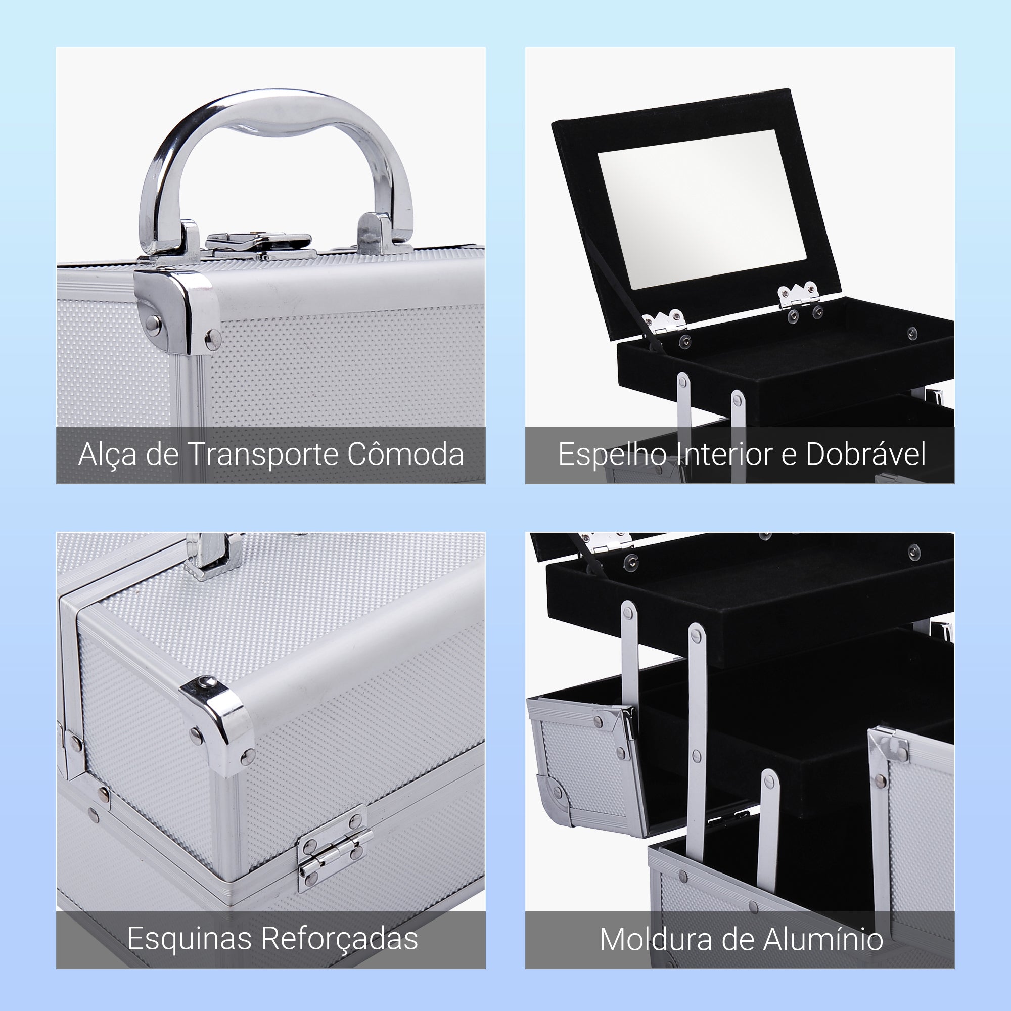 Estojo de Maquiagem Profissional Portátil 15x15x20cm - Prata