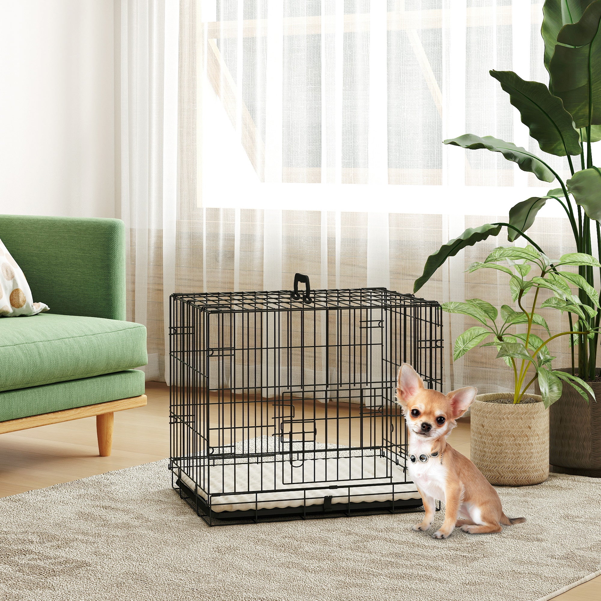 Gaiola para Cães Dobrável Almofadada em Aço 60x40x50 cm - Cor Preto