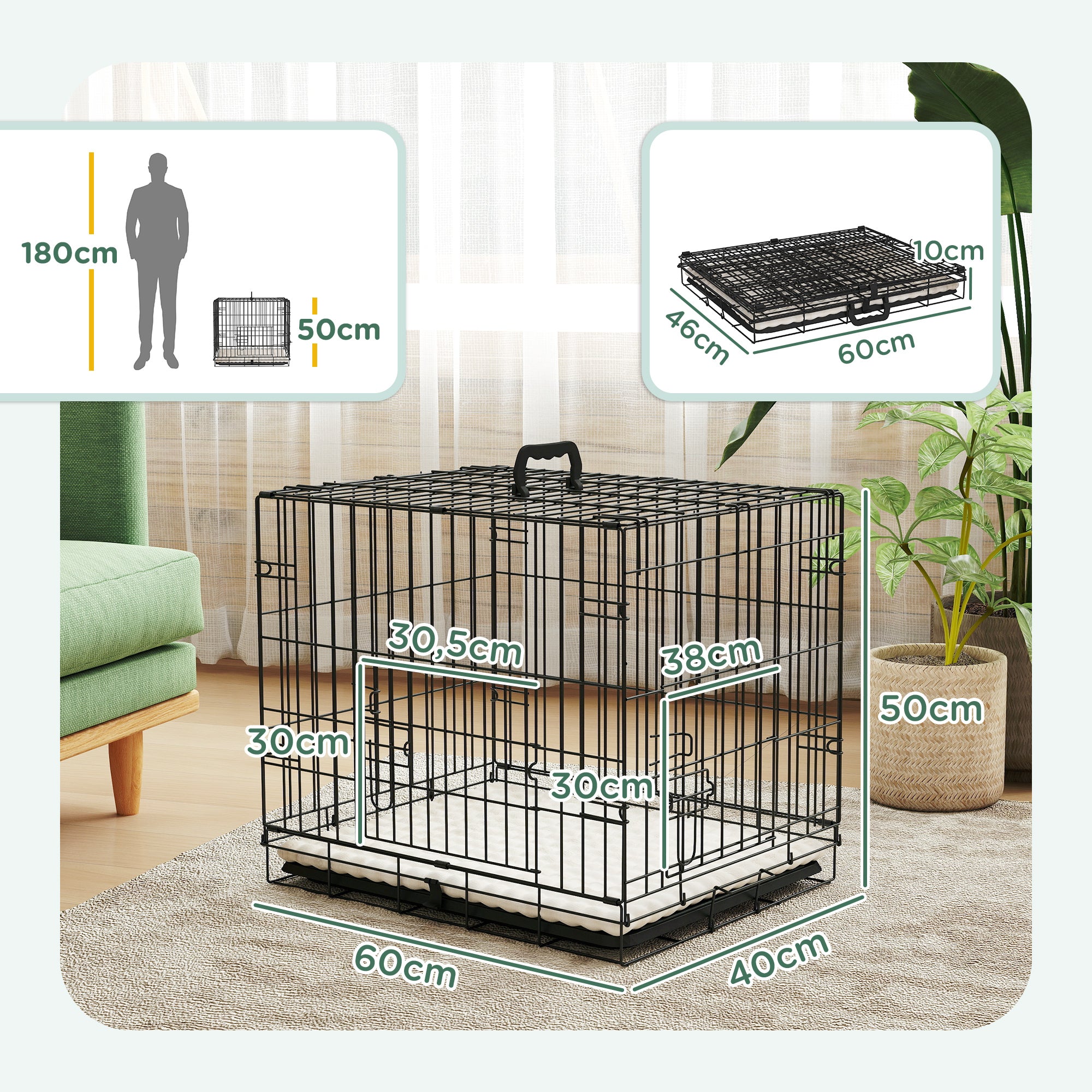 Gaiola para Cães Dobrável Almofadada em Aço 60x40x50 cm - Cor Preto